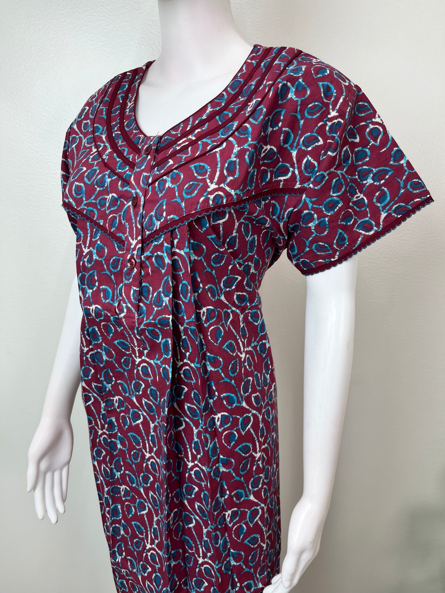 Maroon Pleated Style 100% Cotton Nightgown