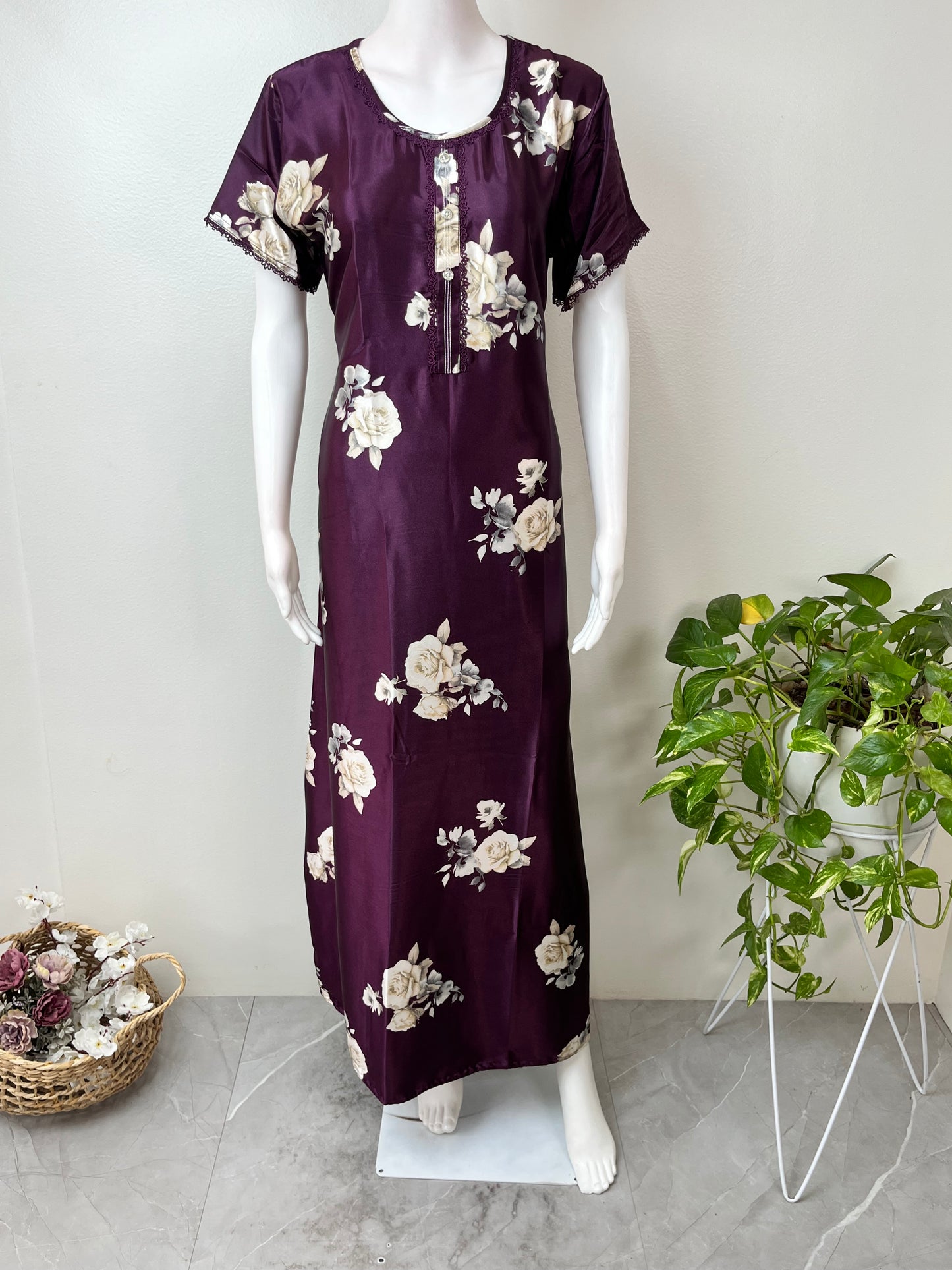 Purple Satin Fabric Elegant Nighty