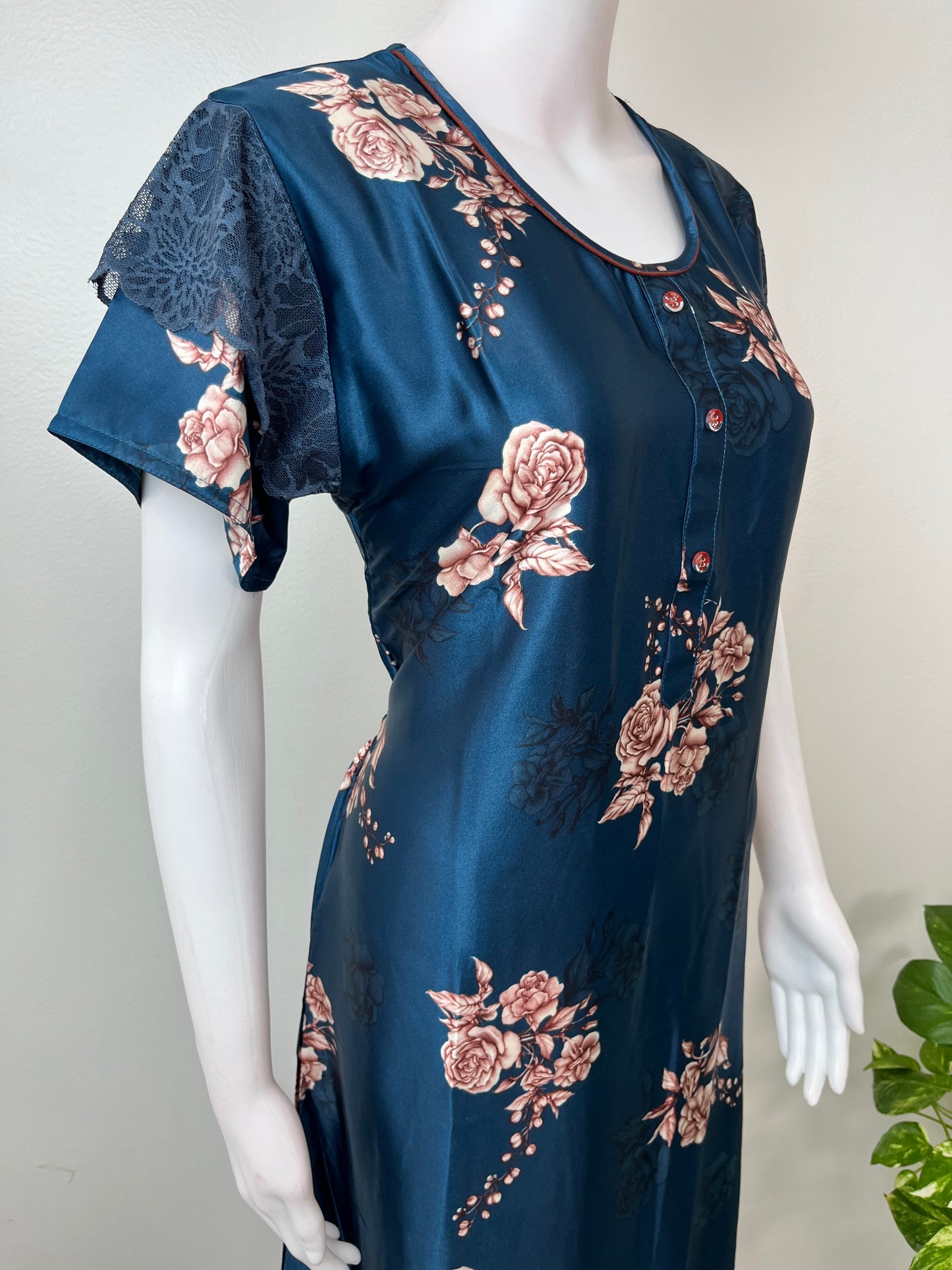 Navy Blue Satin Fabric Elegant & Soft Nightgown