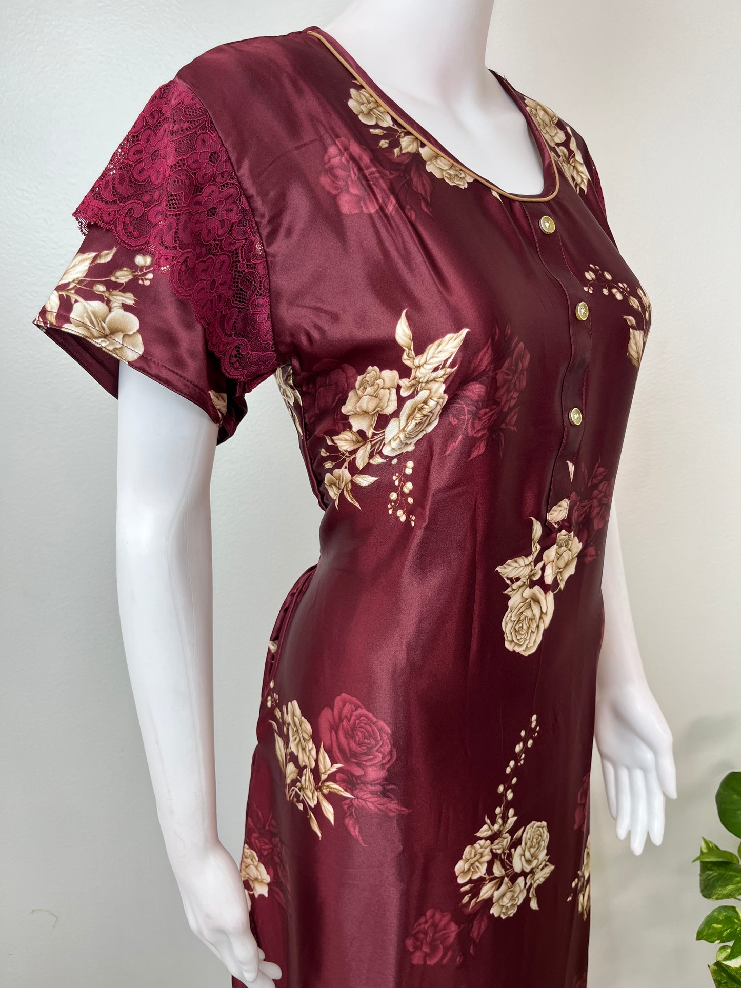Maroon Glossy Satin Fabric Nighty