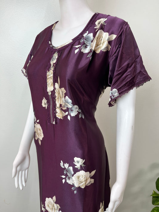 Purple Satin Fabric Elegant Nighty