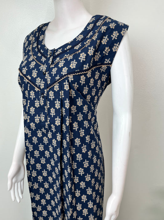 Royal Blue Sleeveless Pure Cotton Nightgown