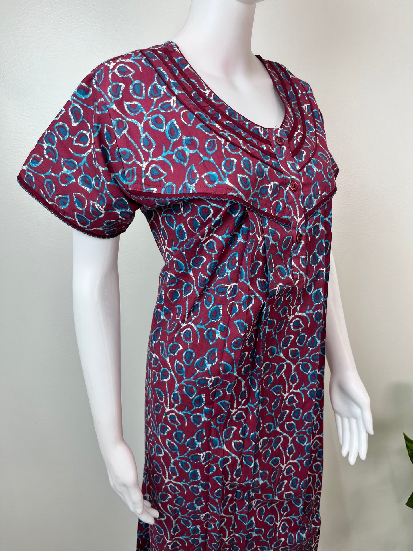 Maroon Pleated Style 100% Cotton Nightgown