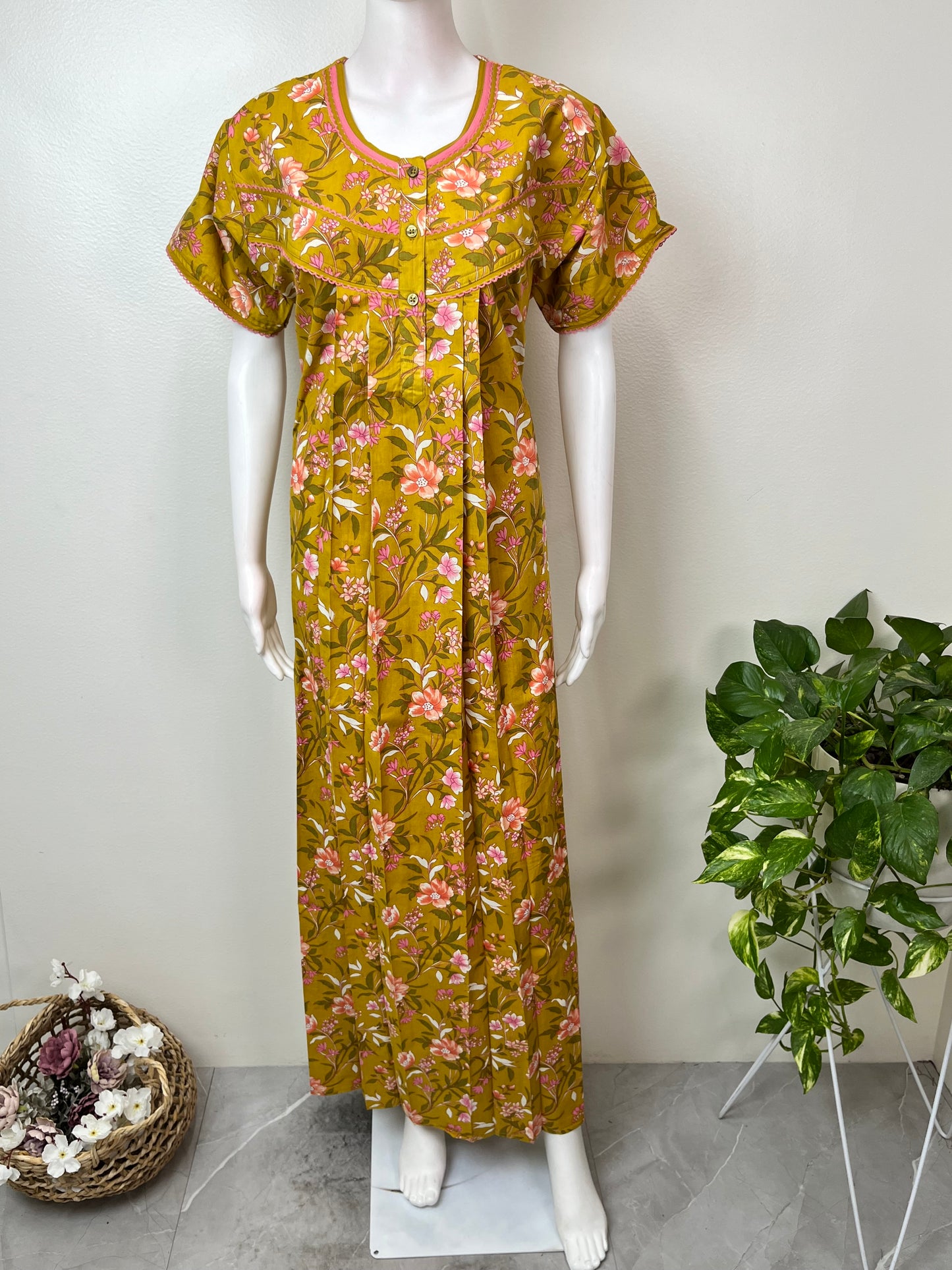 Mustard Floral Printed Pure Cotton Nightgown