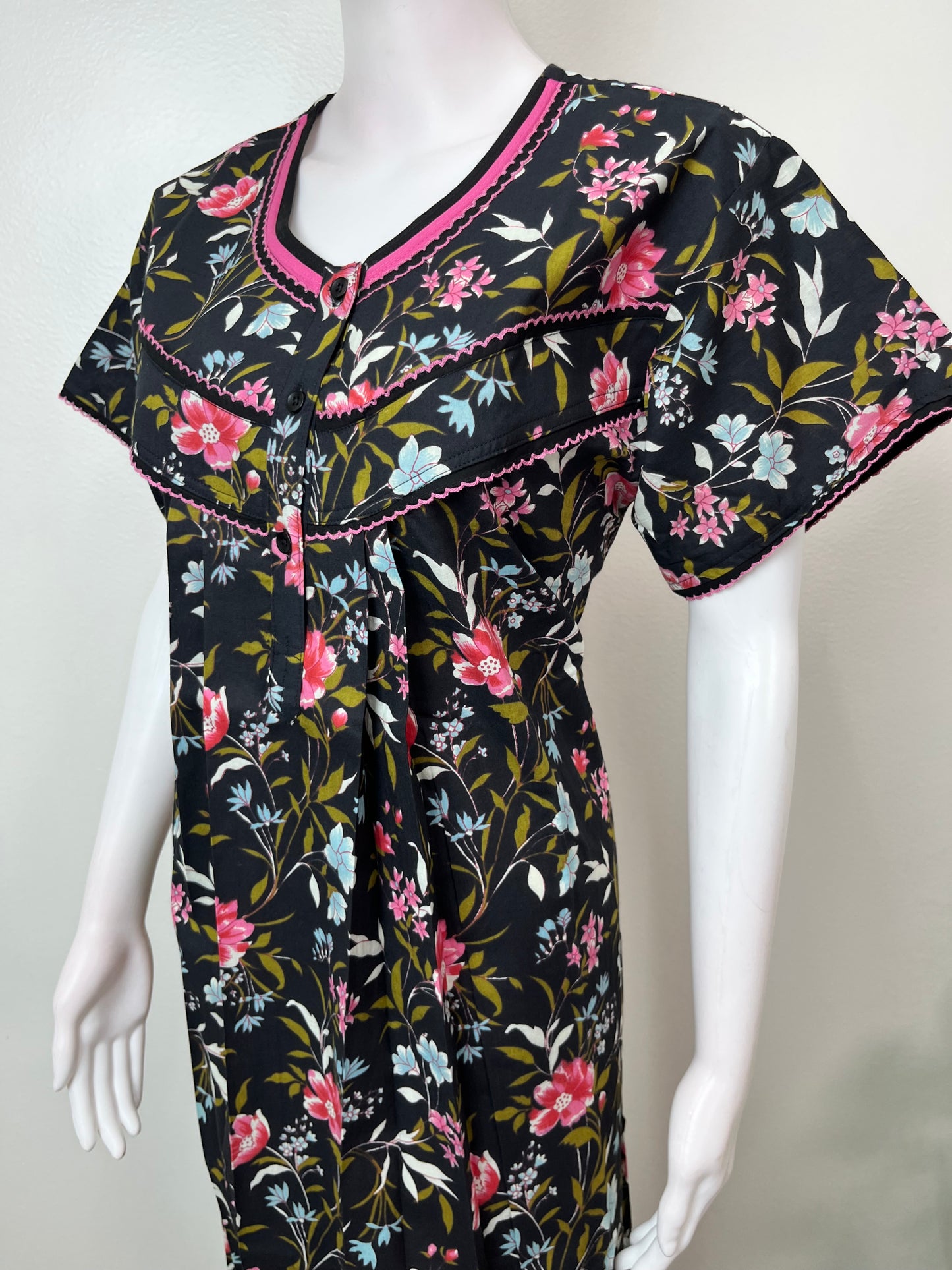 Black Pure Cotton Nighty with Contrast Print