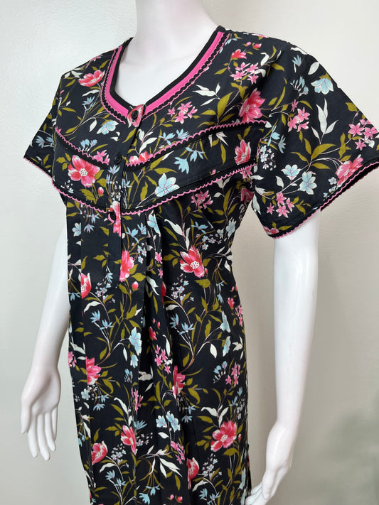 Black Pure Cotton Nighty with Contrast Print