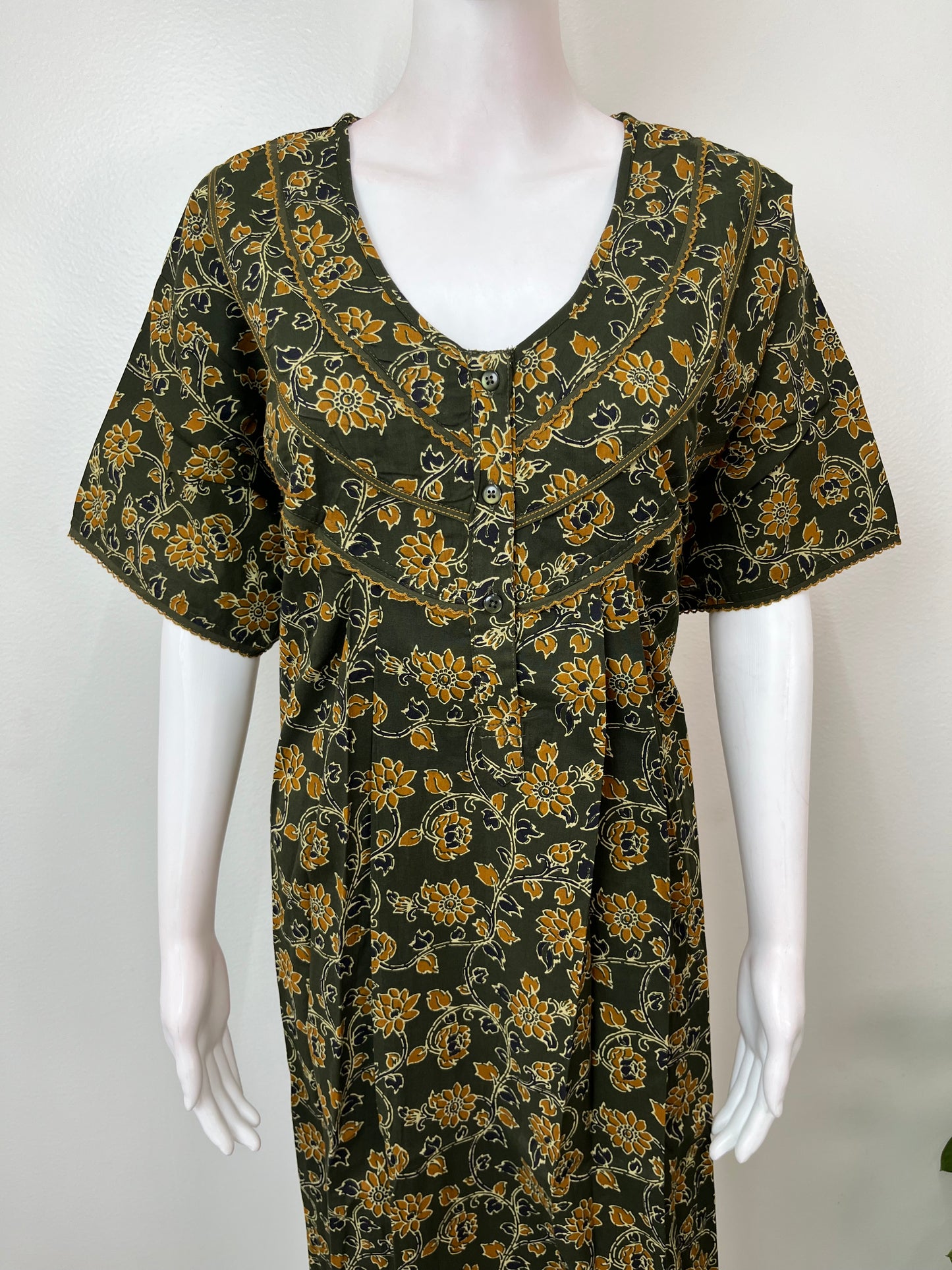 Bottle Green Floral Printed Cotton Nightgown
