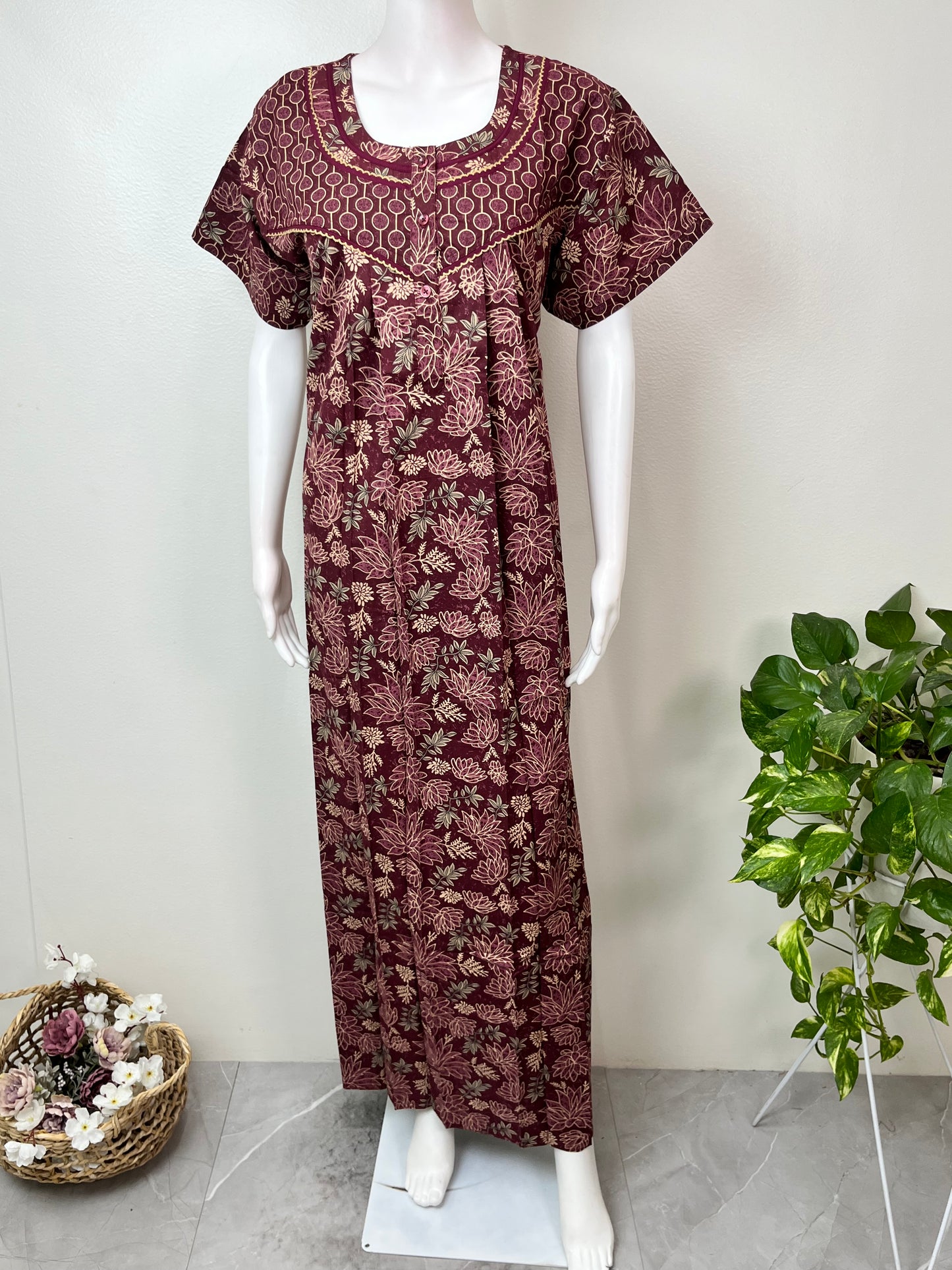 Wine Pure Cotton Nightgown with Double Print