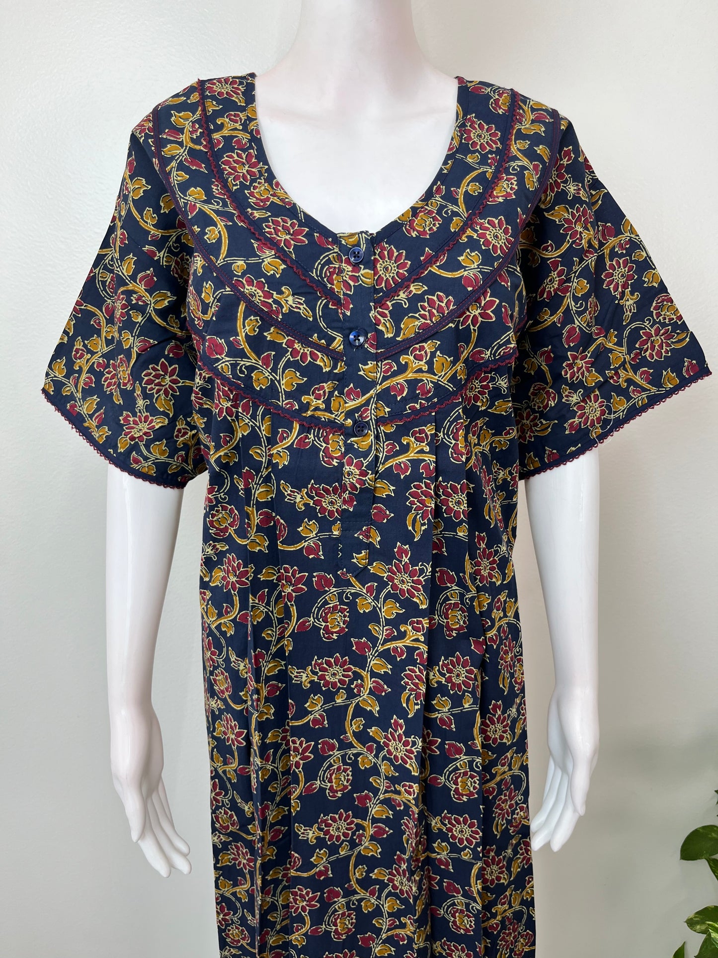 Navy Blue Pleated Style Cotton Nighty