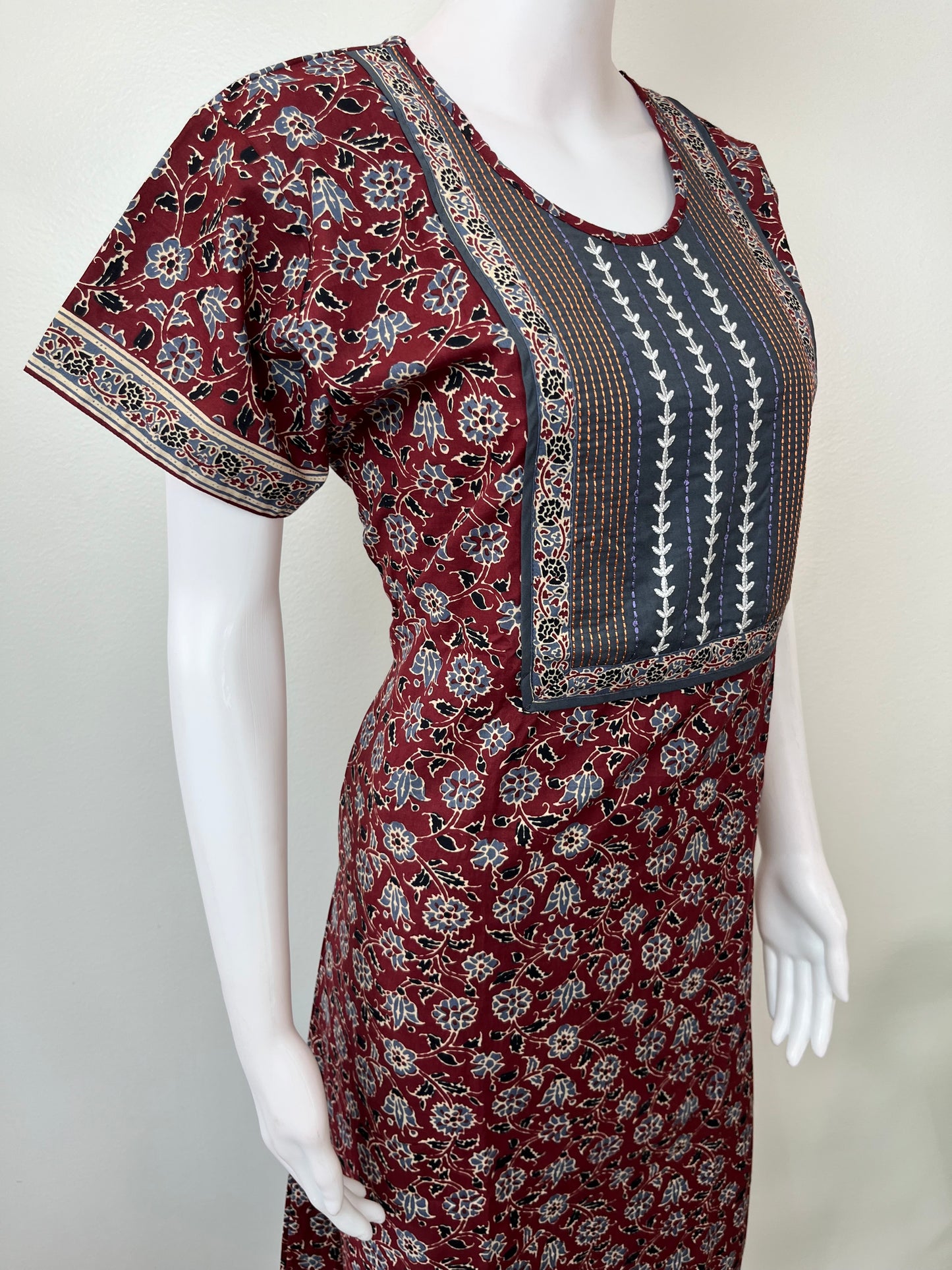 Maroon Floral Print Pure Cotton Nightgown