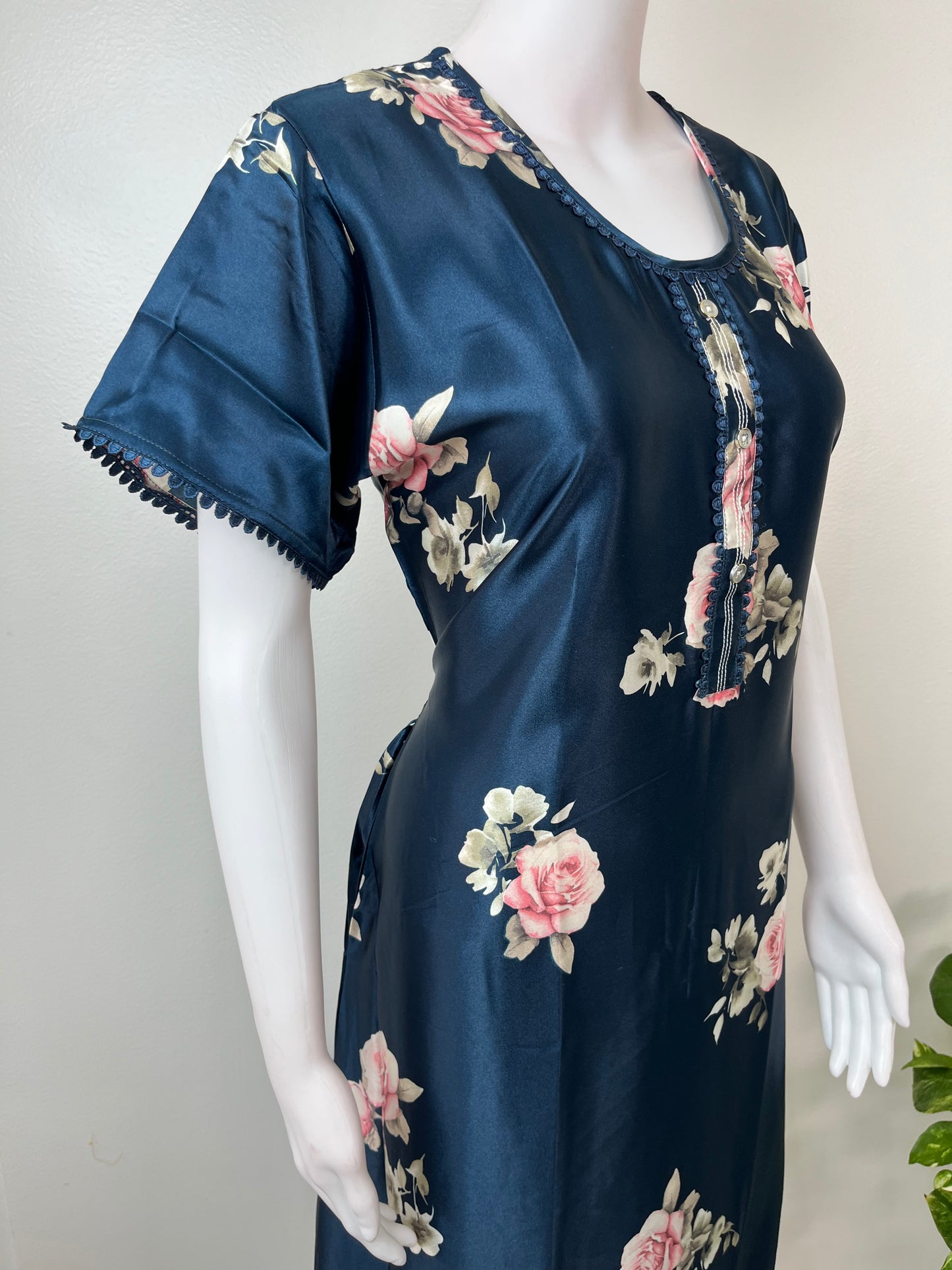 Navy Blue Satin Fabric Silky Texture Nightgown