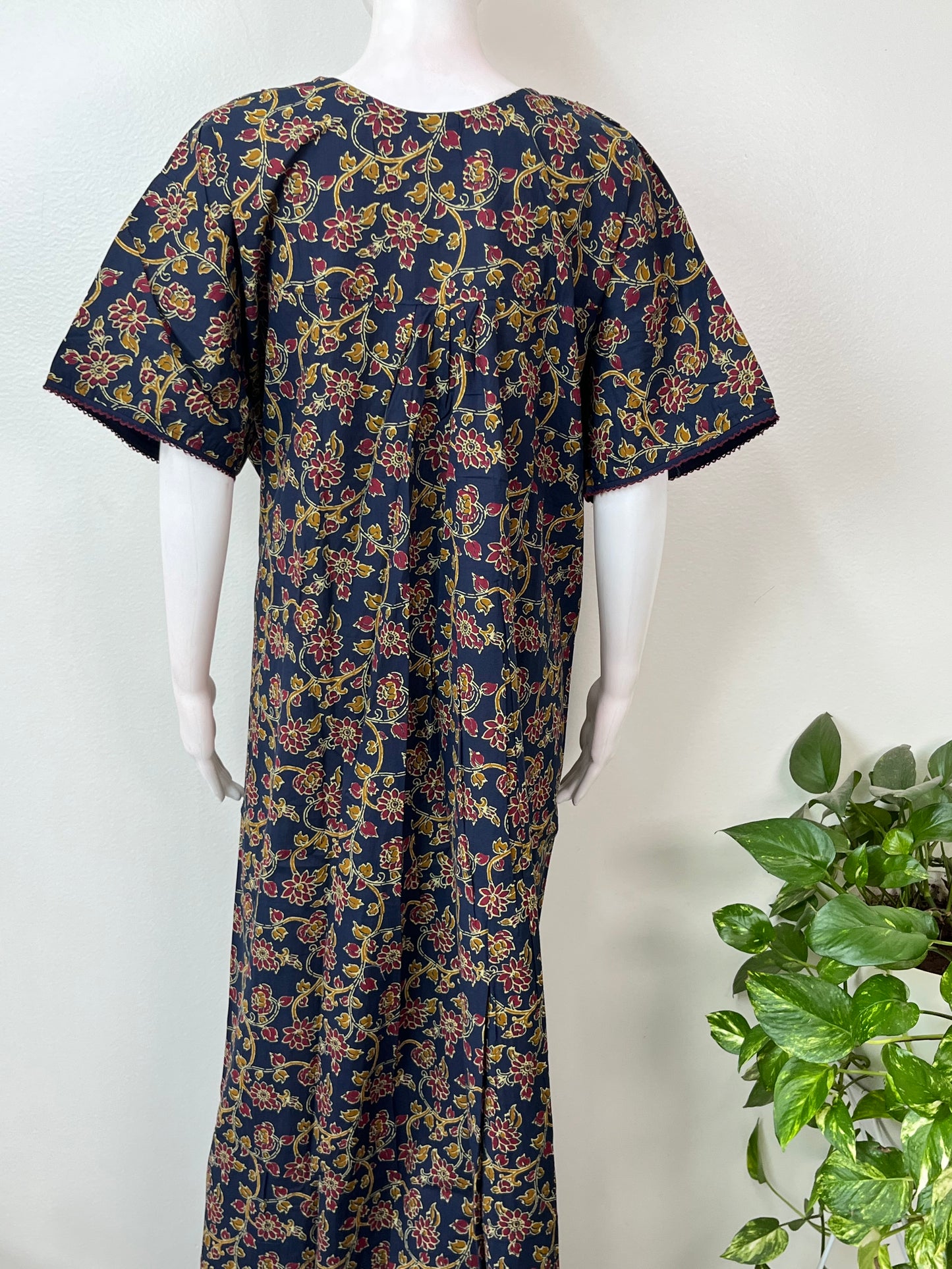 Navy Blue Pleated Style Cotton Nighty