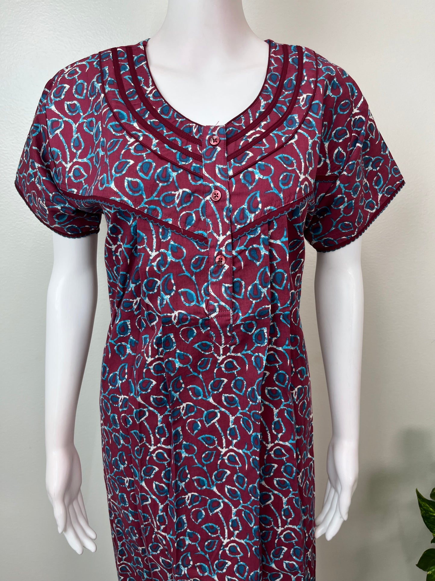 Maroon Pleated Style 100% Cotton Nightgown