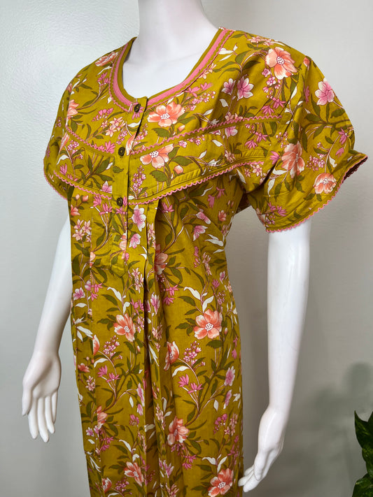 Mustard Floral Printed Pure Cotton Nightgown