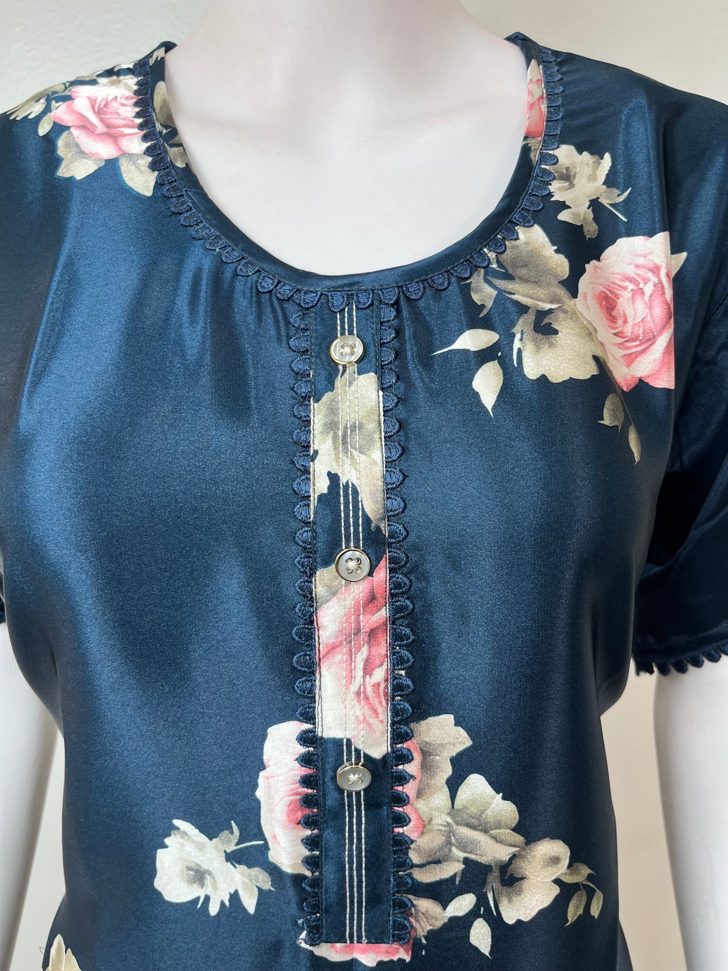 Navy Blue Satin Fabric Silky Texture Nightgown