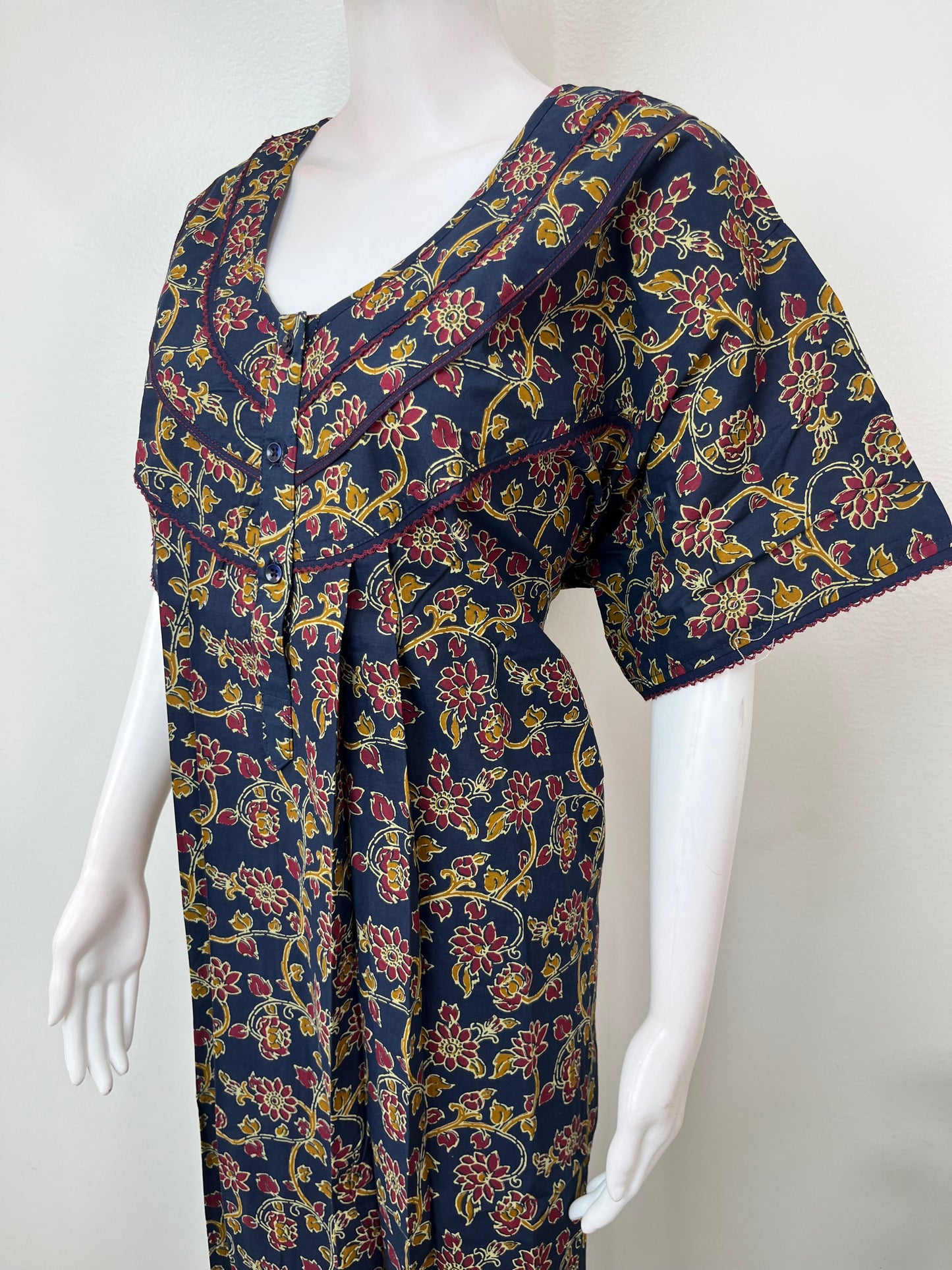 Navy Blue Pleated Style Cotton Nighty