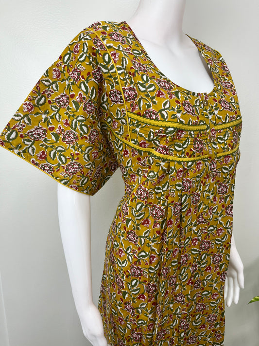 Mustard Kalamkari Printed Cotton Nightgown