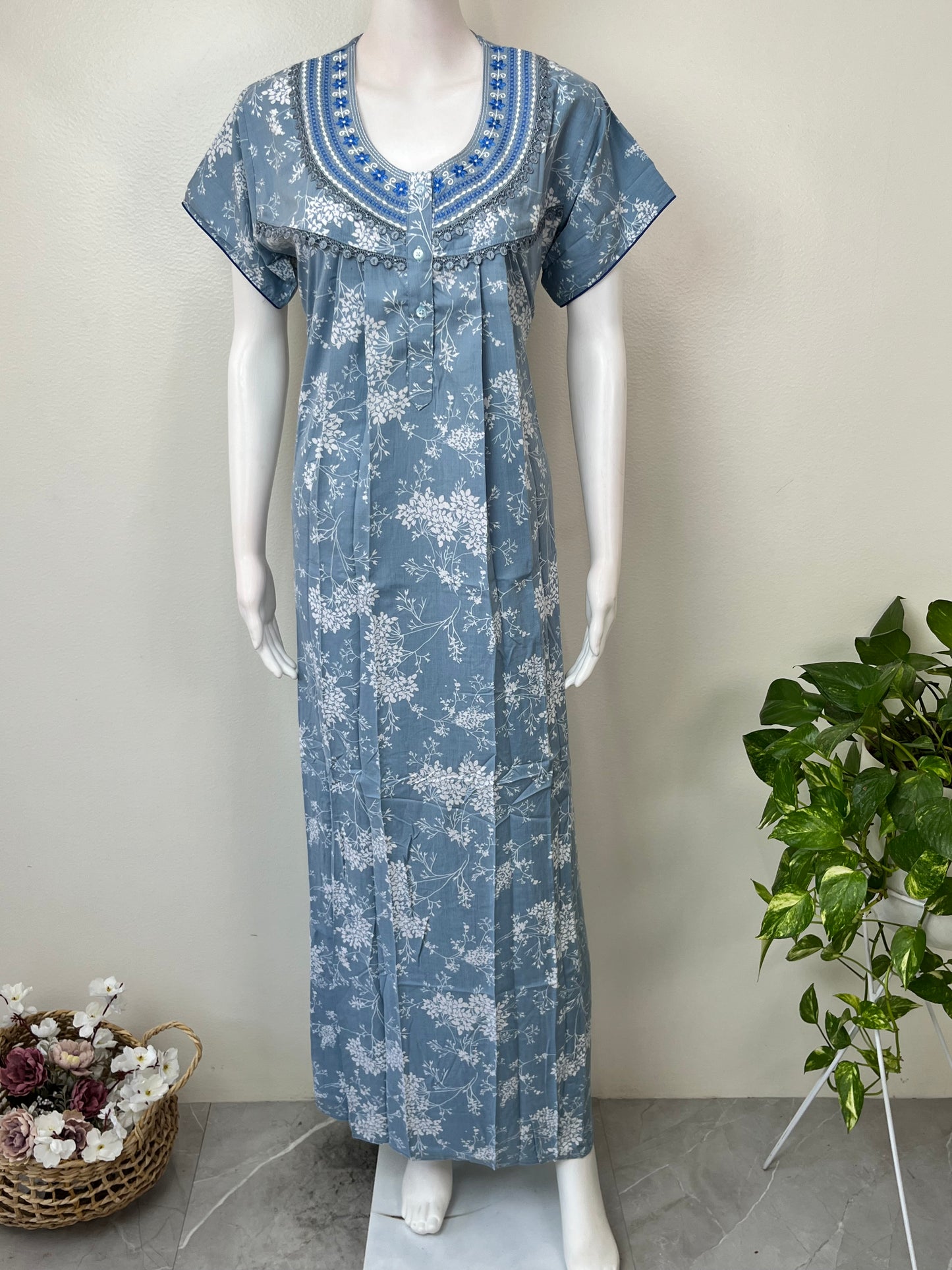 Sky Blue Elegant Embroidered Bizzylizzy Crush Fabric Nighty