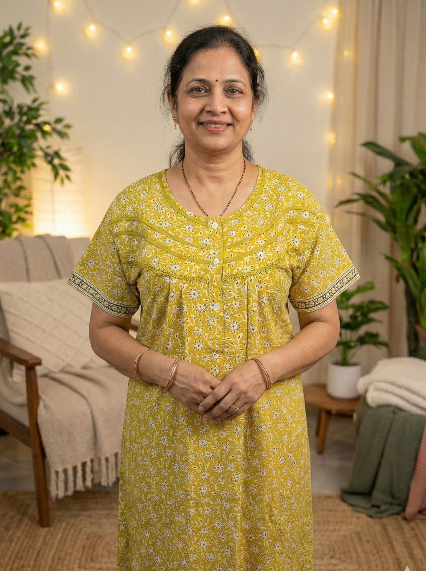 Yellow Pleated Style 100% Cotton Nightgown