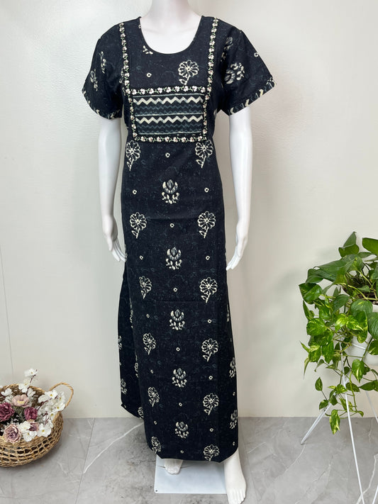 Black Batik Printed Pure Cotton Nighty