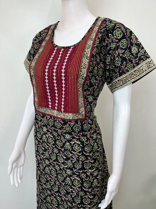 Black Pure Cotton Embroidered Nighty for Women