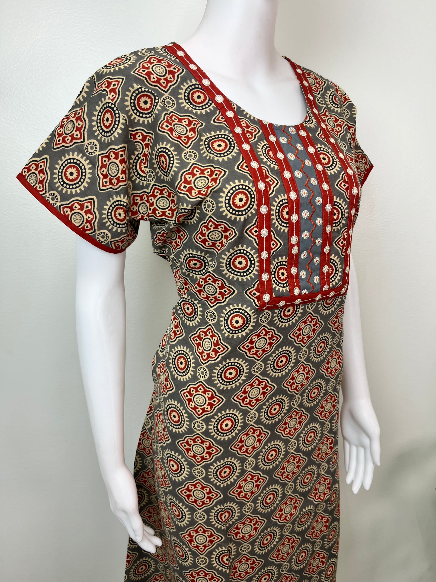 Gray Embroidered Pure Cotton Nightgown for Women