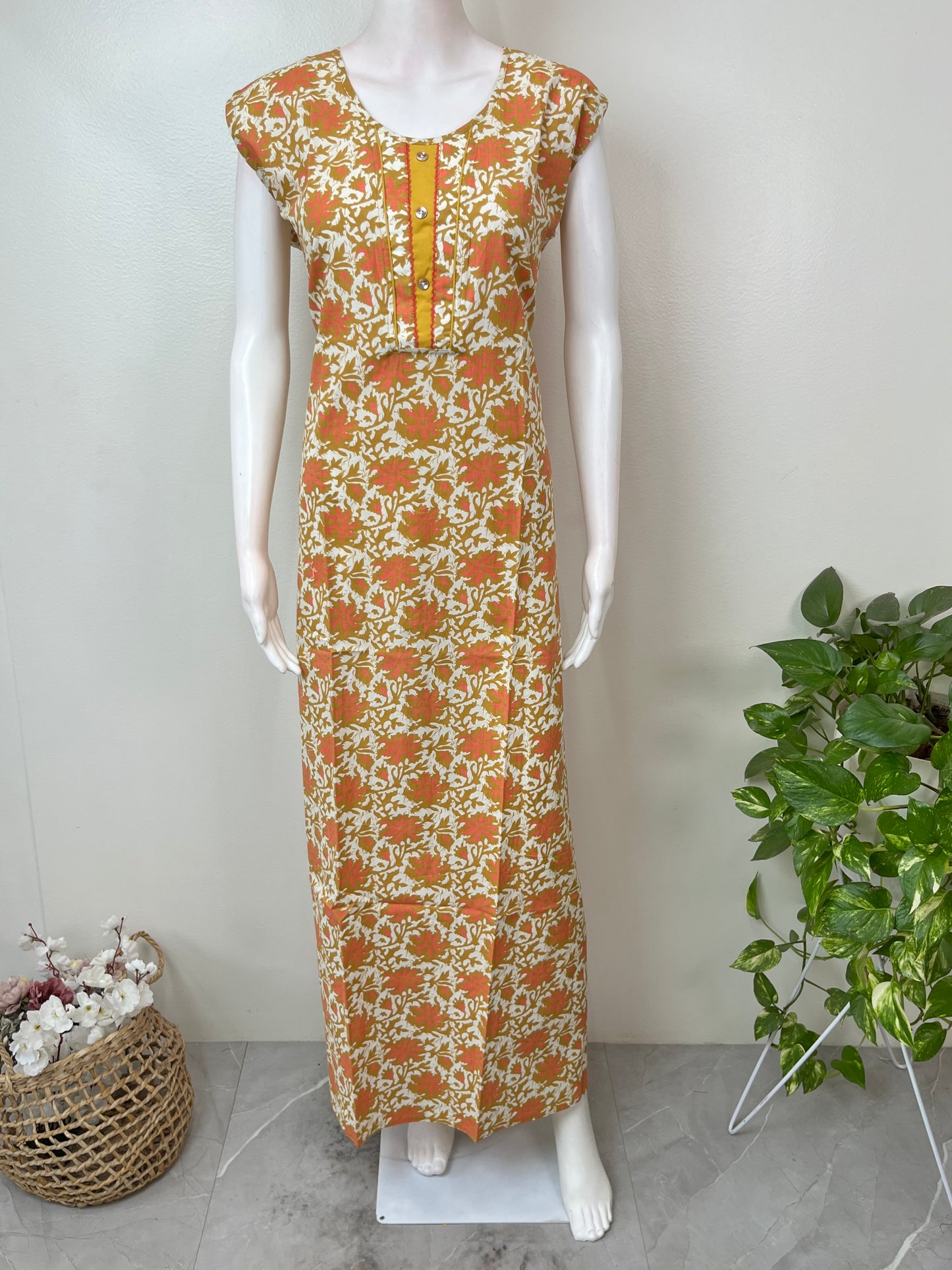 Yellow Floral Printed Cotton Nightgown