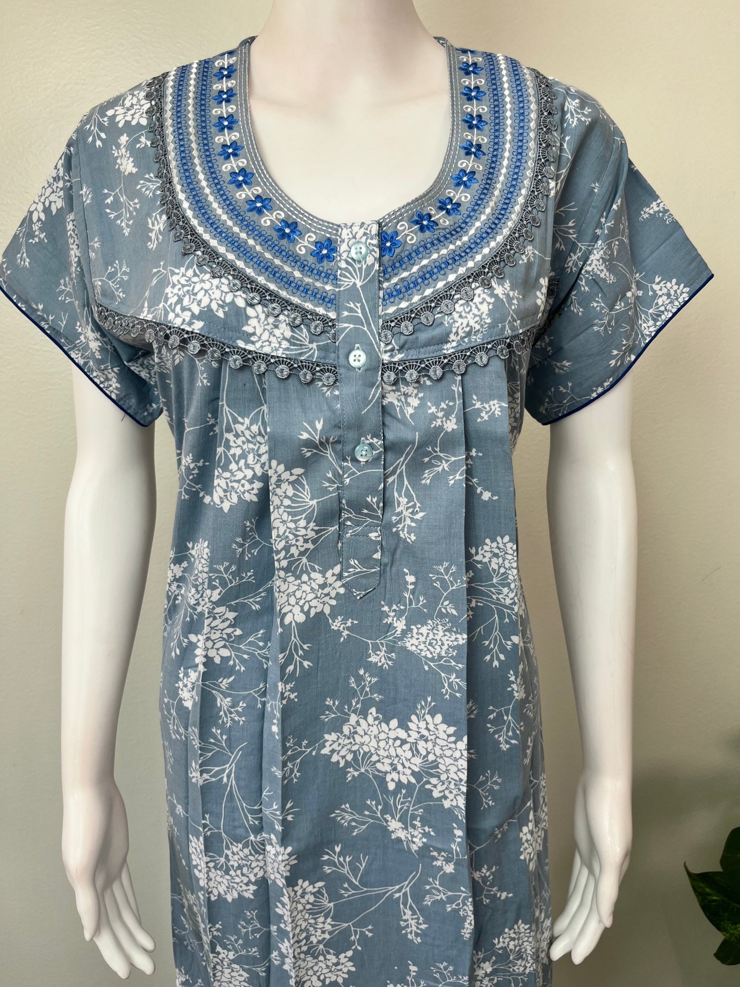 Sky Blue Elegant Embroidered Bizzylizzy Crush Fabric Nighty