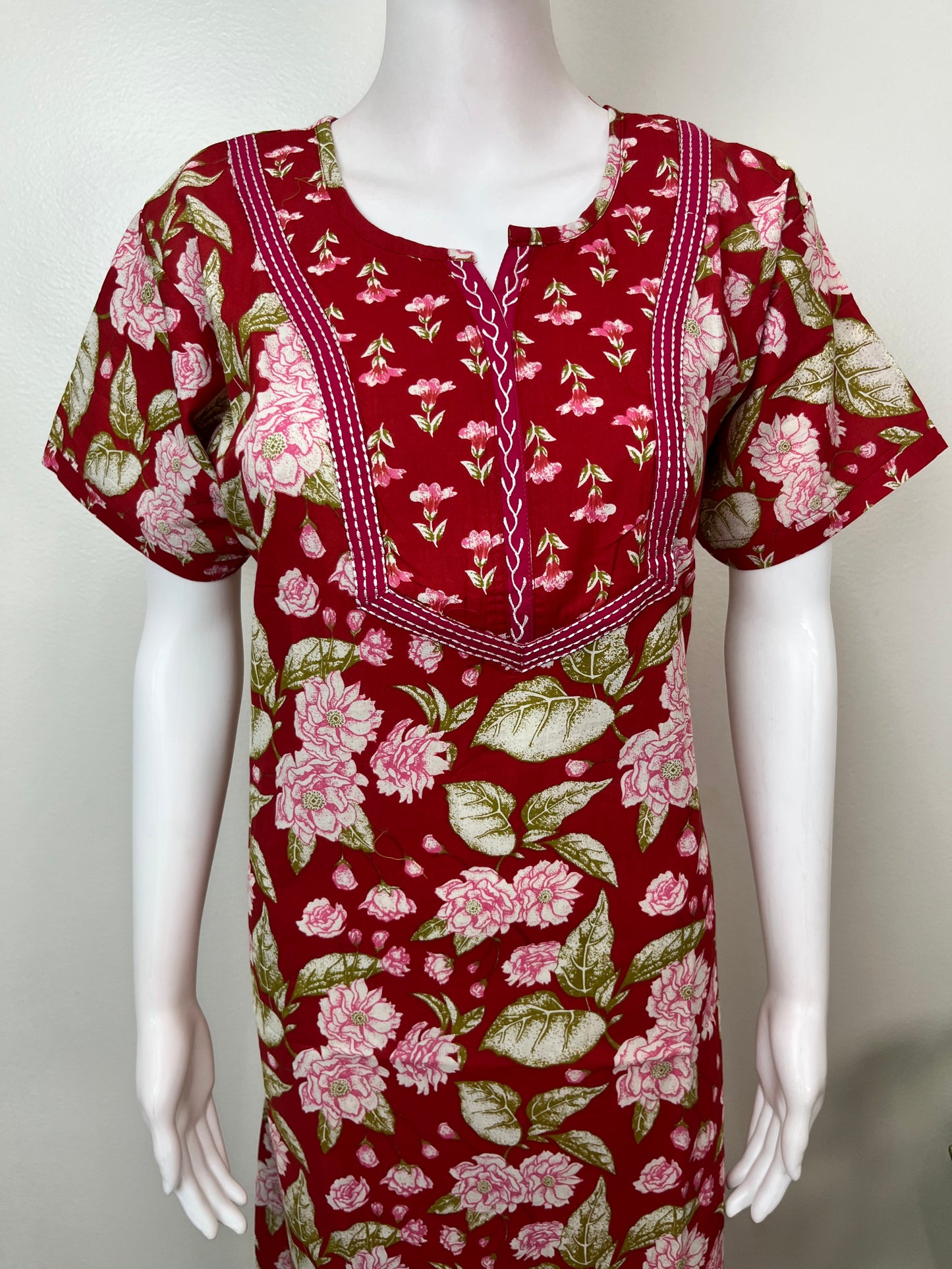 Red Floral Printed Pure Cotton Nightgown