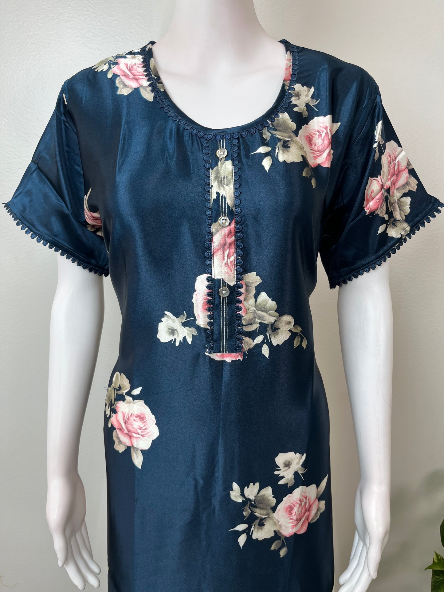 Navy Blue Satin Fabric Silky Texture Nightgown