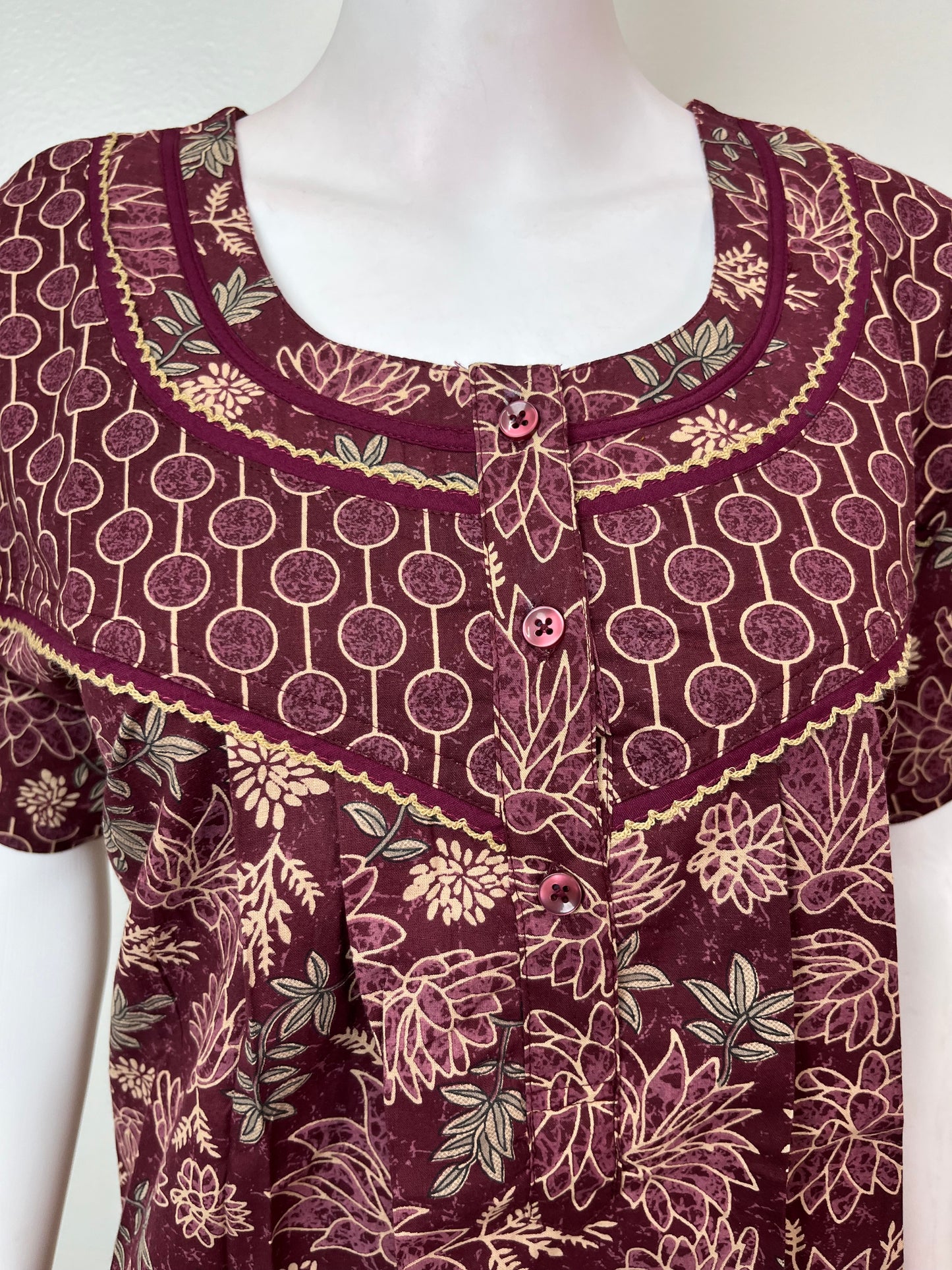 Wine Pure Cotton Nightgown with Double Print