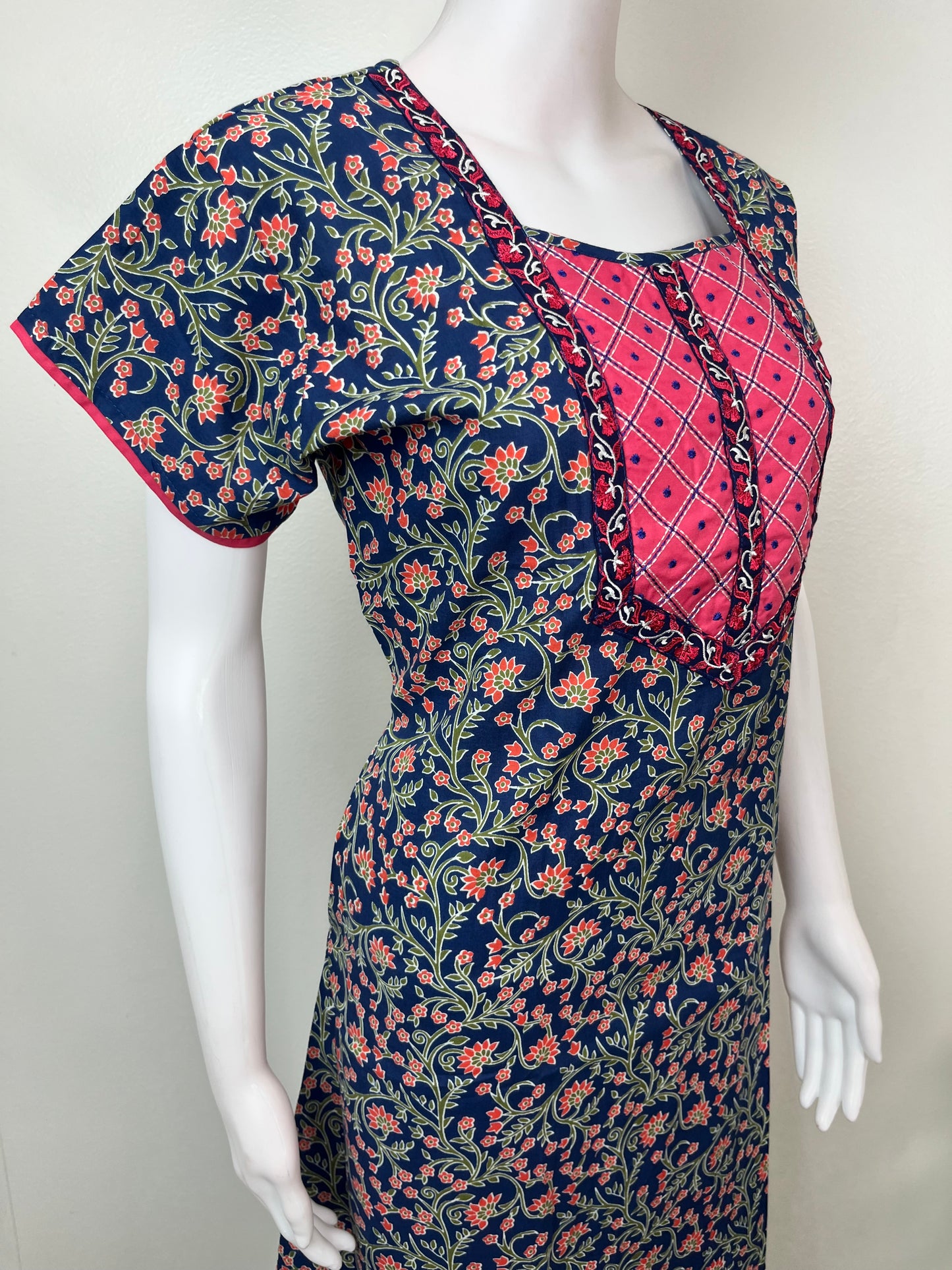 Navy Blue Floral Printed 100% Cotton Nighty