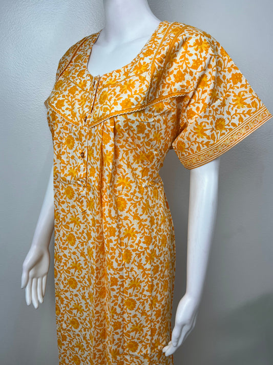 Yellow 100% Cotton Pleated Nightgown for Women