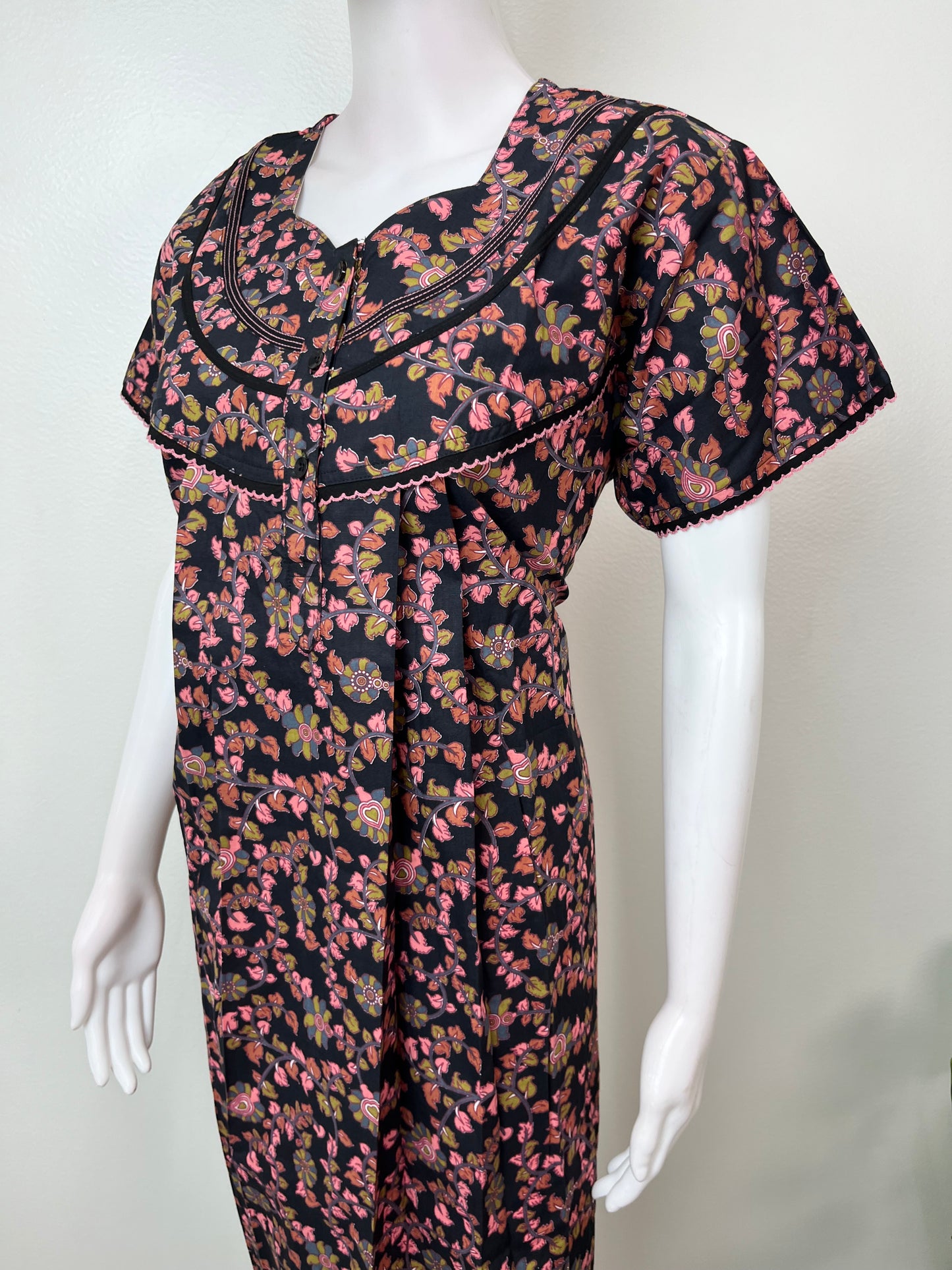 Black 100% Cotton Nightgown with Contrast Print