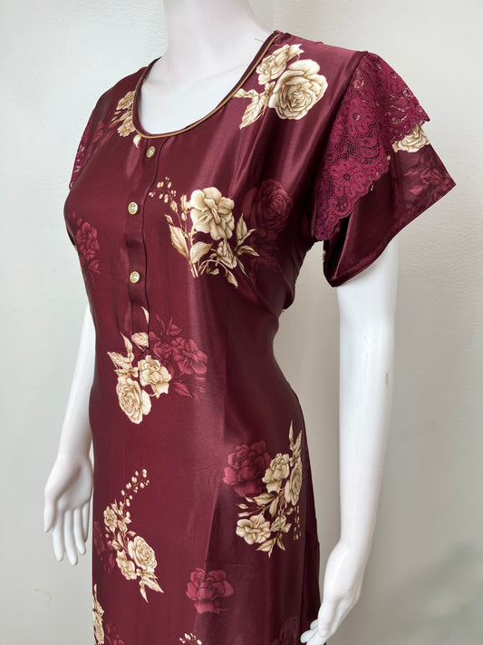 Maroon Glossy Satin Fabric Nighty