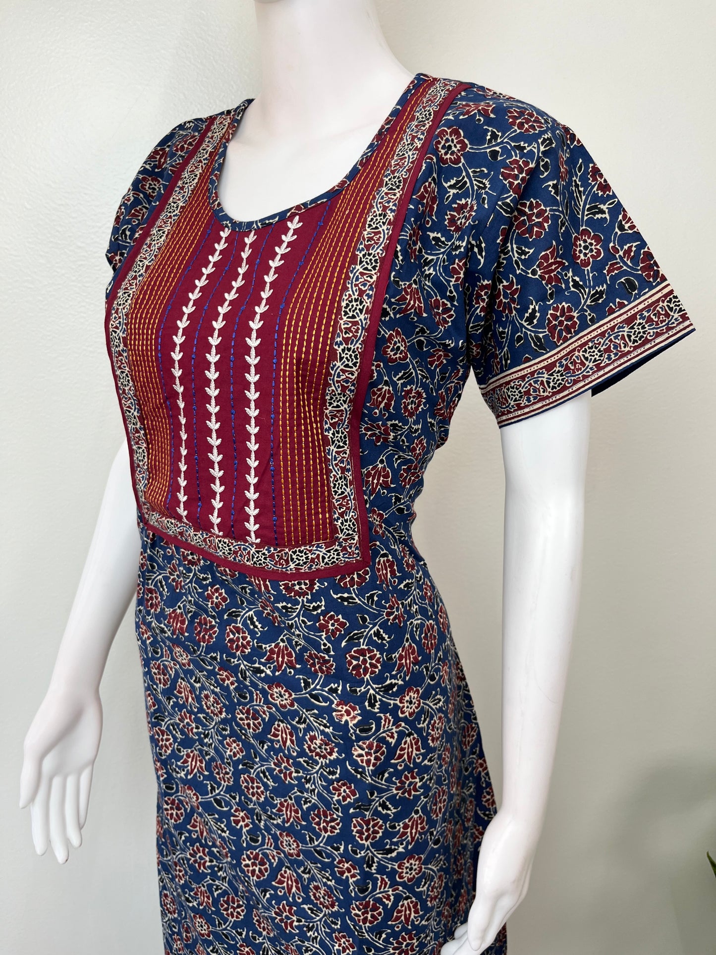 Navy Blue Classic Embroidered Pure Cotton Nightgown