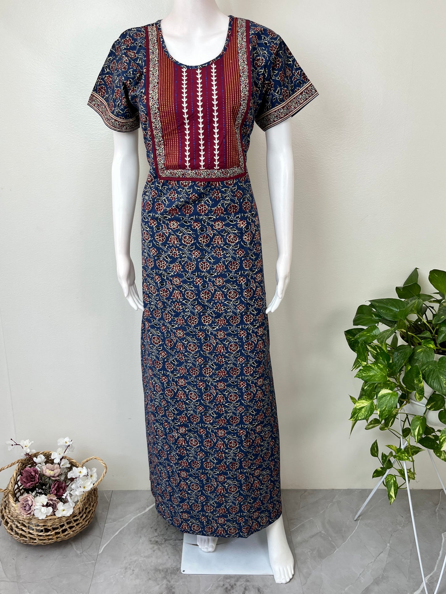 Navy Blue Classic Embroidered Pure Cotton Nightgown