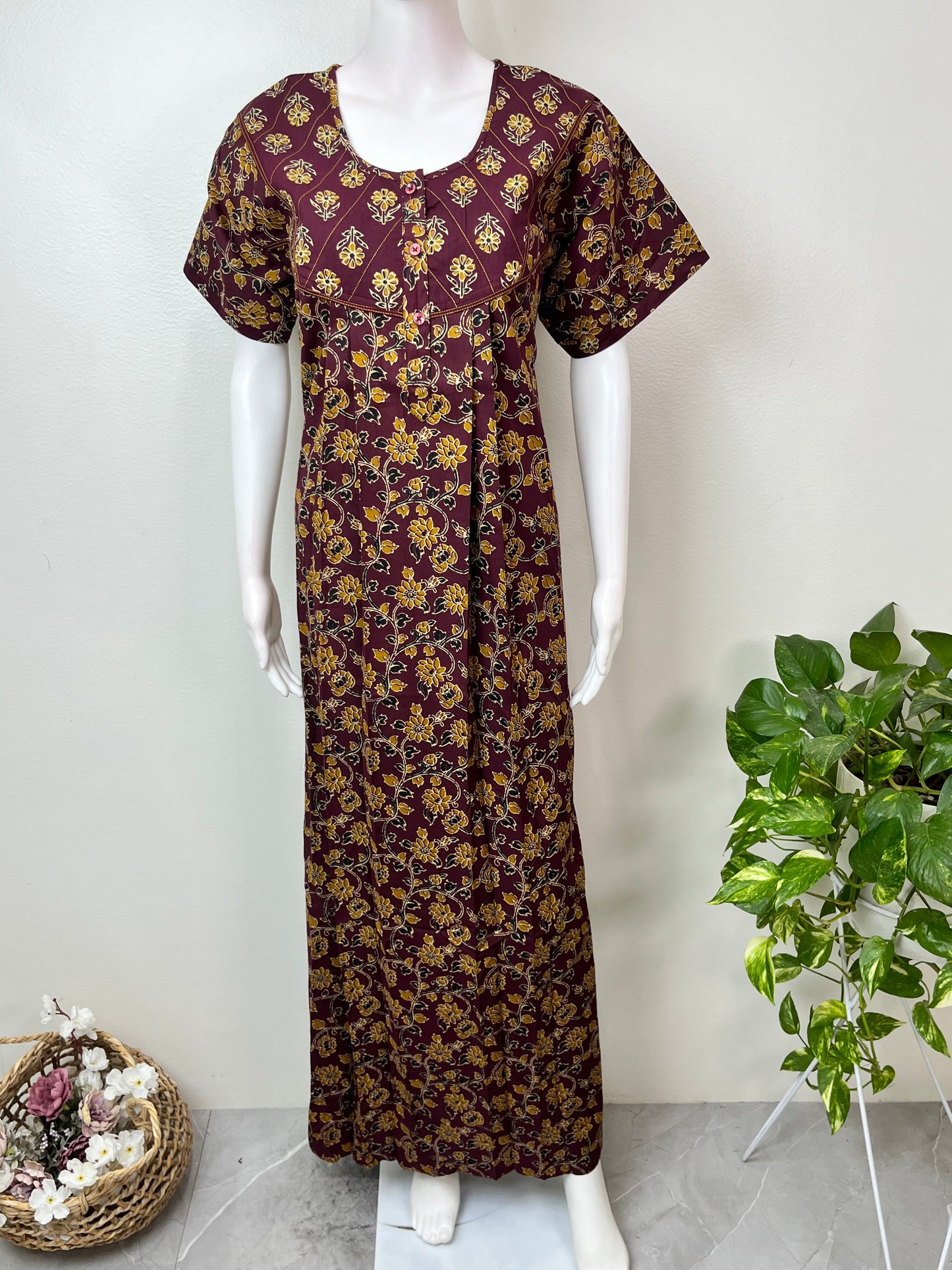 Wine Printed 100% Cotton Nightgown for Women