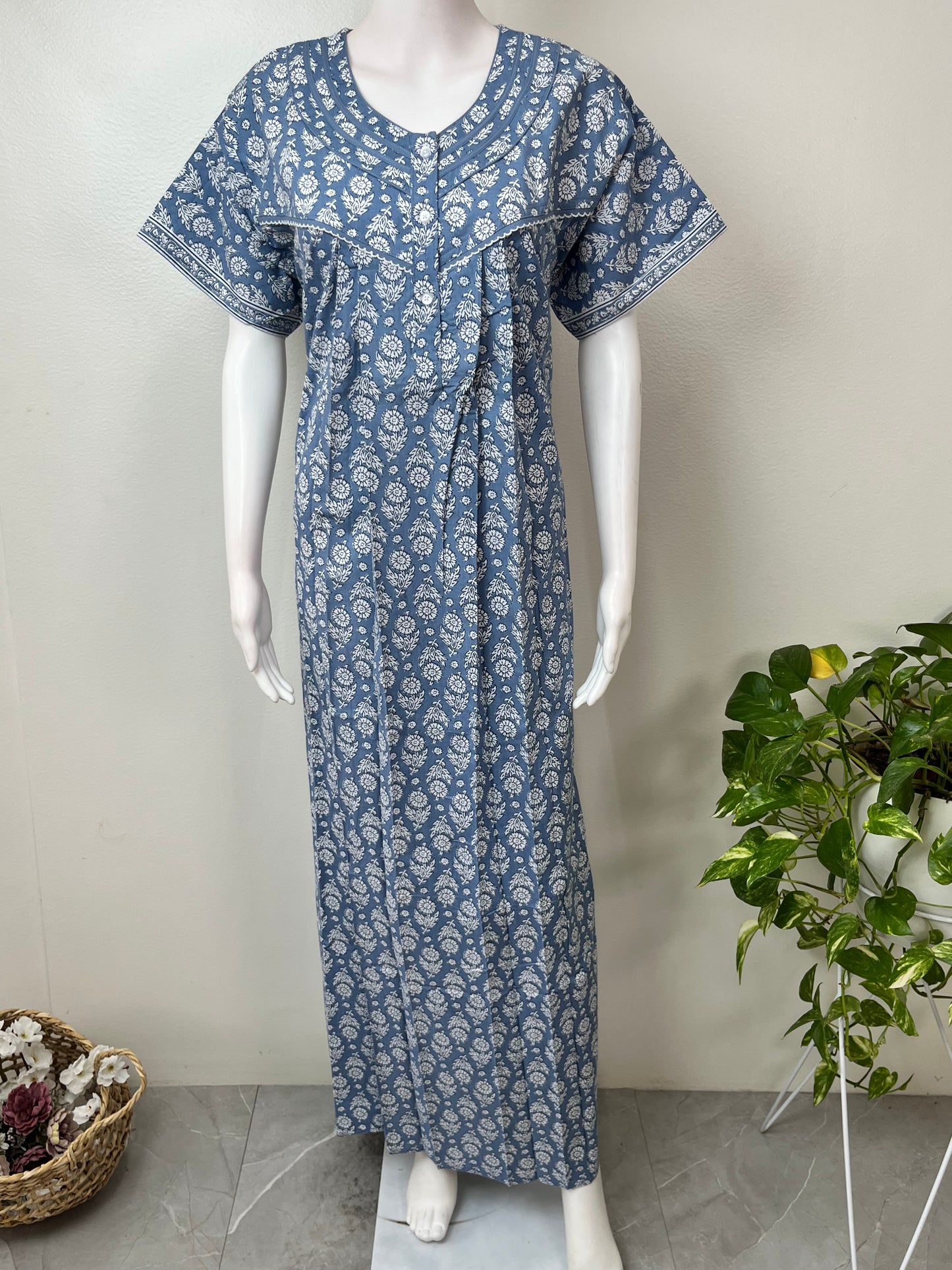Gray Pleated Style 100% Cotton Nightgown