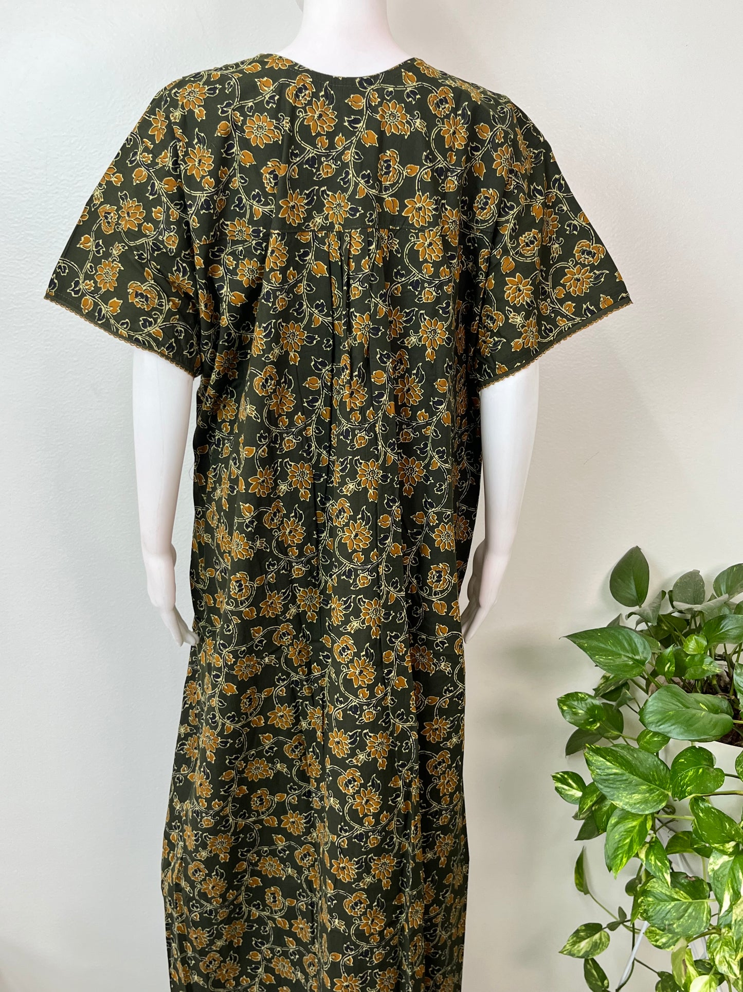 Bottle Green Floral Printed Cotton Nightgown