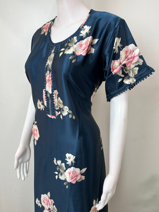 Navy Blue Satin Fabric Silky Texture Nightgown