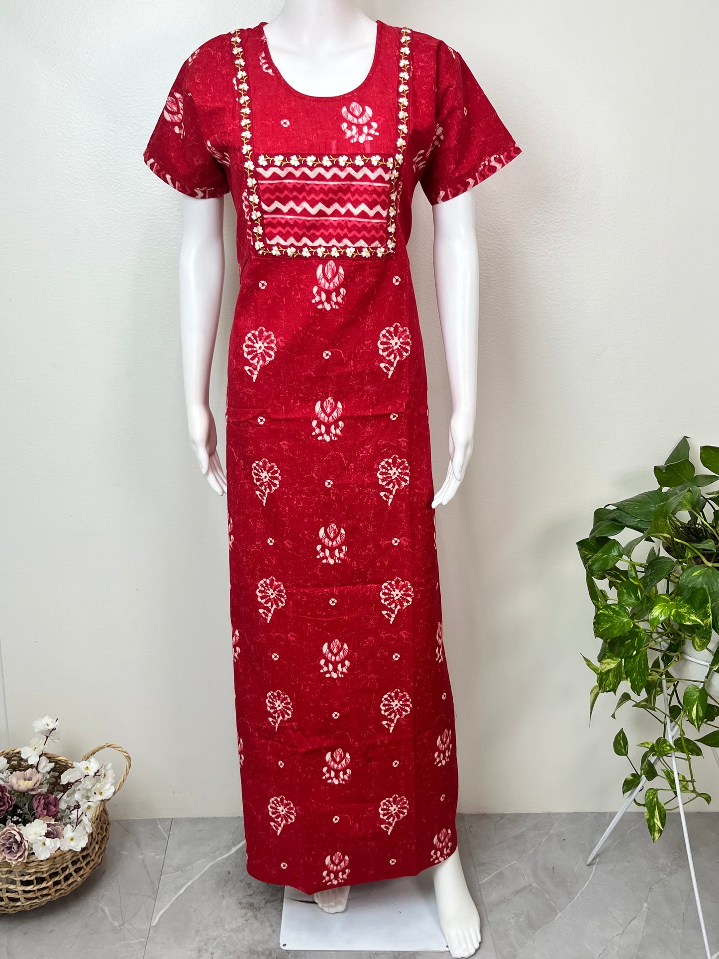 Red Batik Print Pure Cotton Nighty