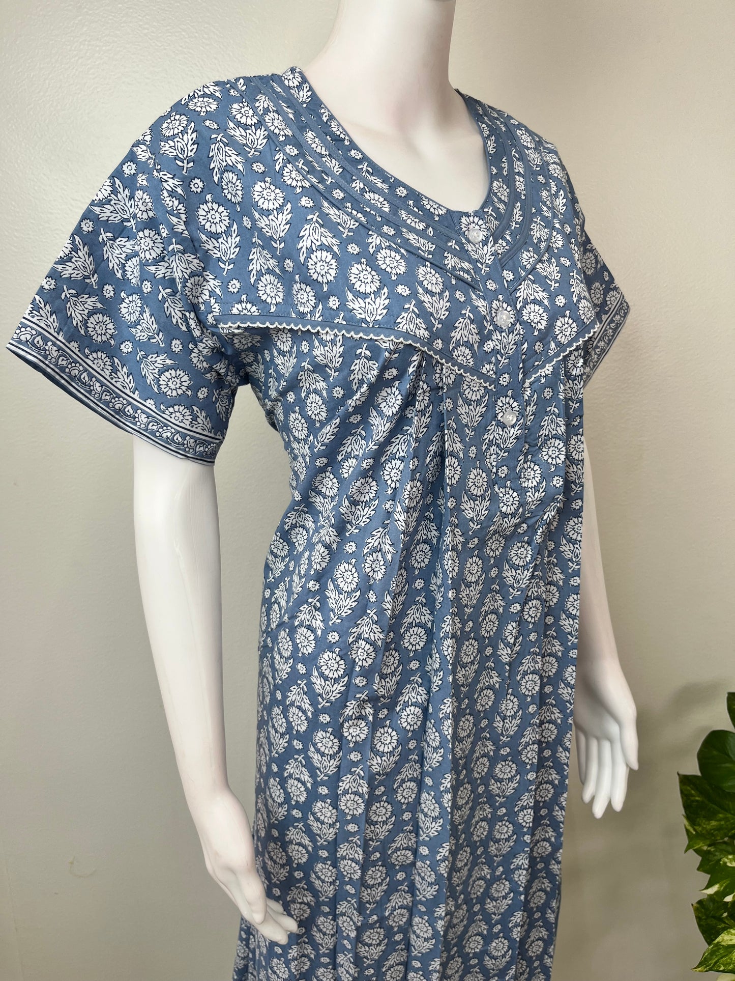 Gray Pleated Style 100% Cotton Nightgown