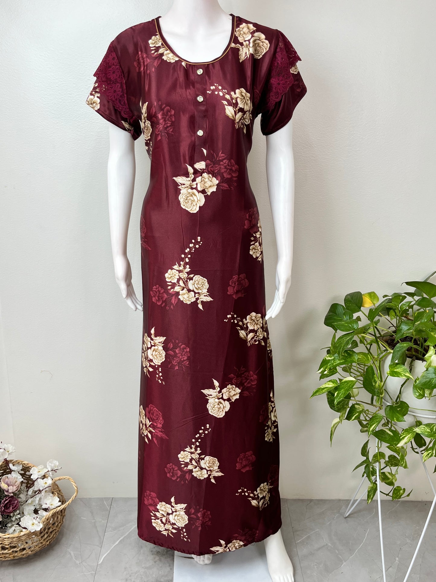 Maroon Glossy Satin Fabric Nighty