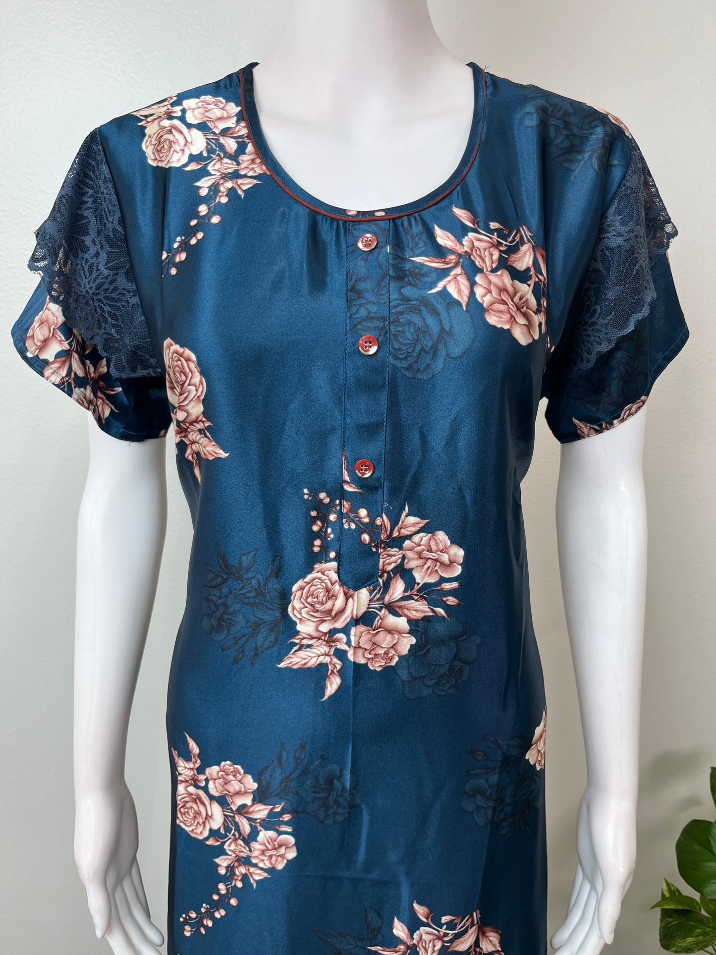 Navy Blue Satin Fabric Elegant & Soft Nightgown