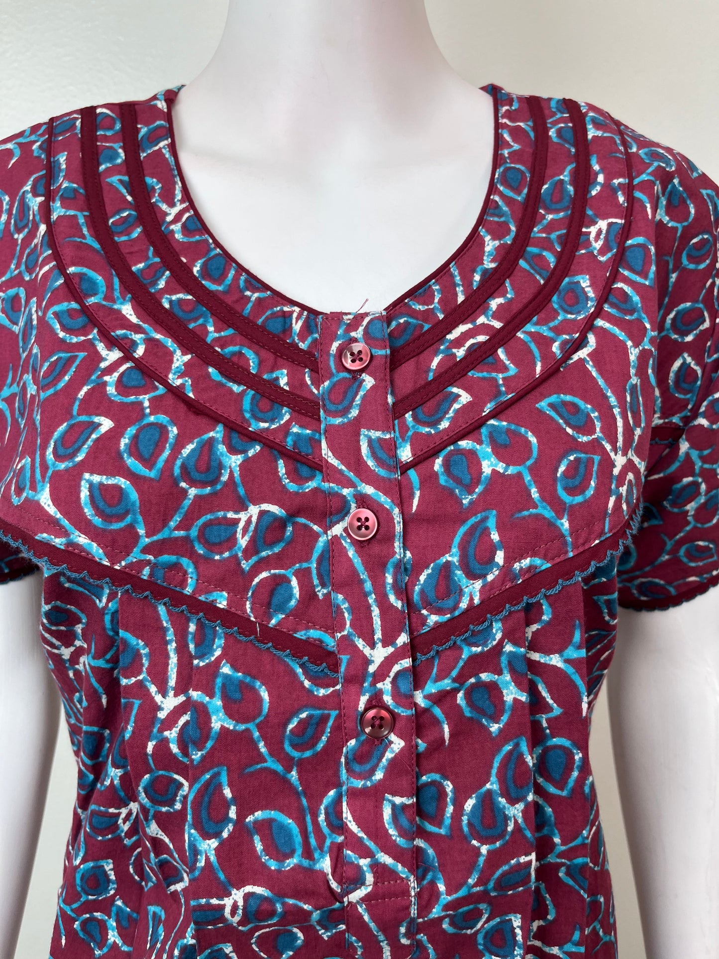 Maroon Pleated Style 100% Cotton Nightgown