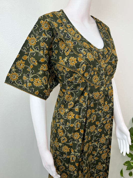 Bottle Green Floral Printed Cotton Nightgown