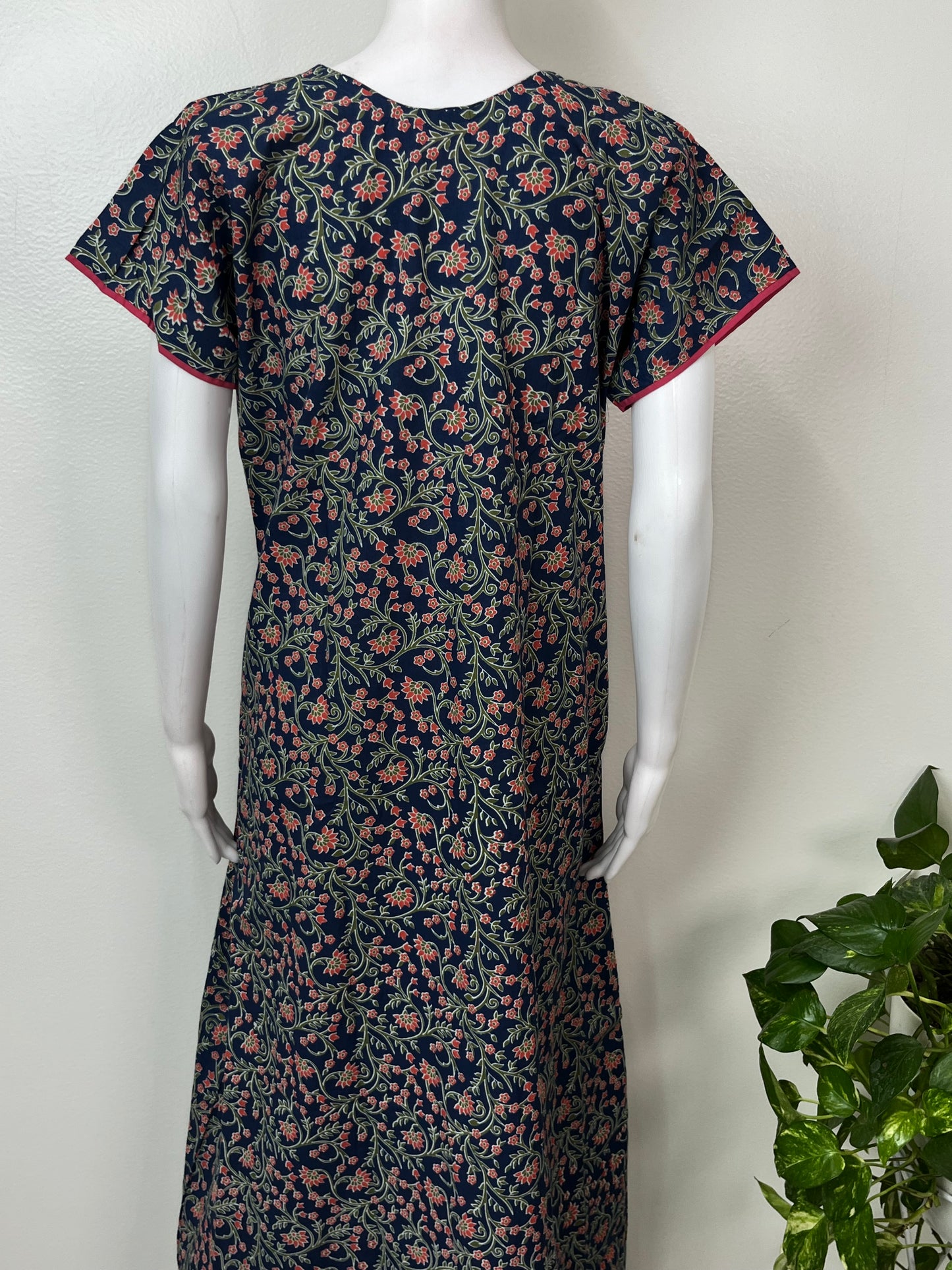Navy Blue Floral Printed 100% Cotton Nighty