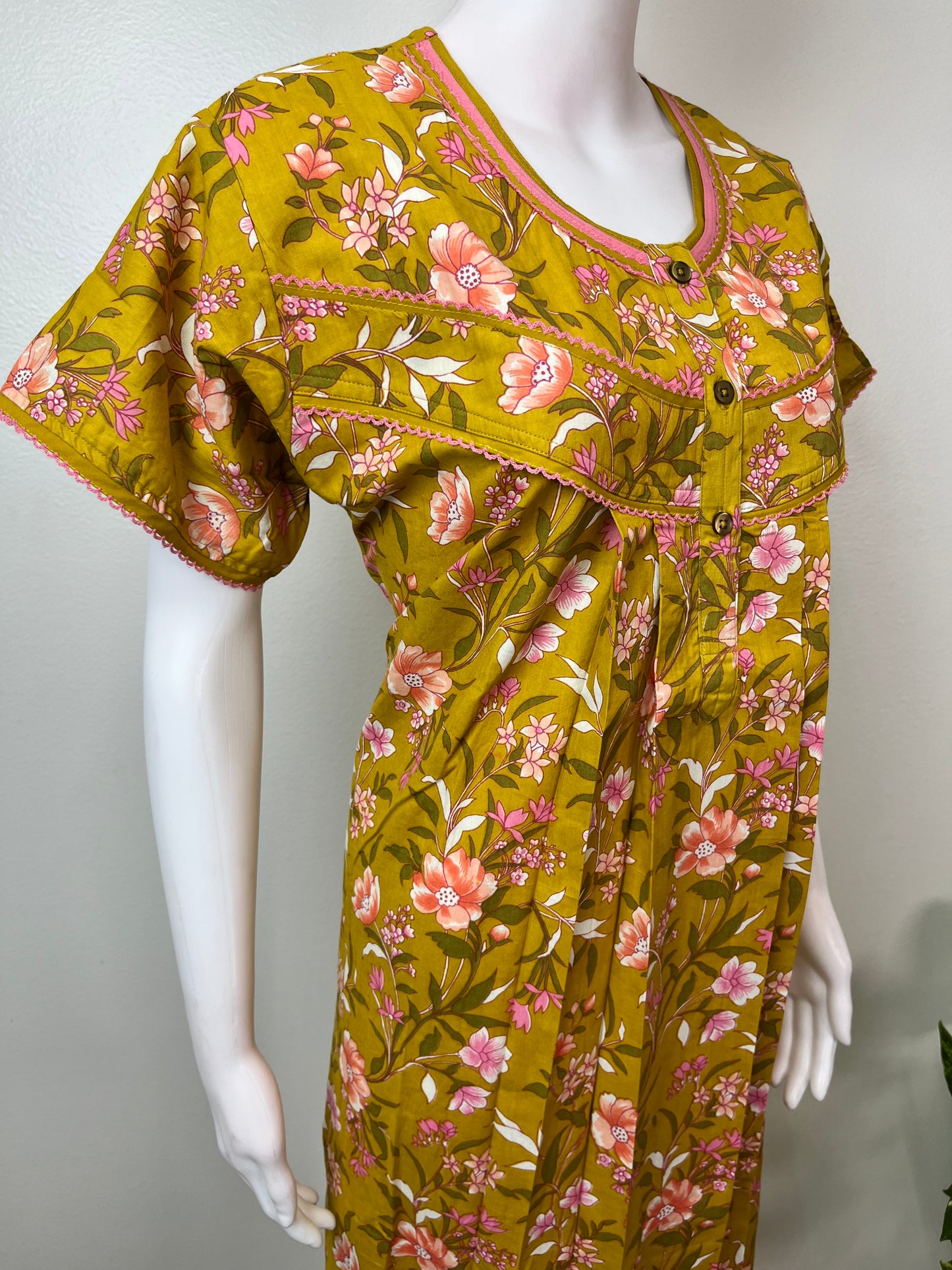 Mustard Floral Printed Pure Cotton Nightgown