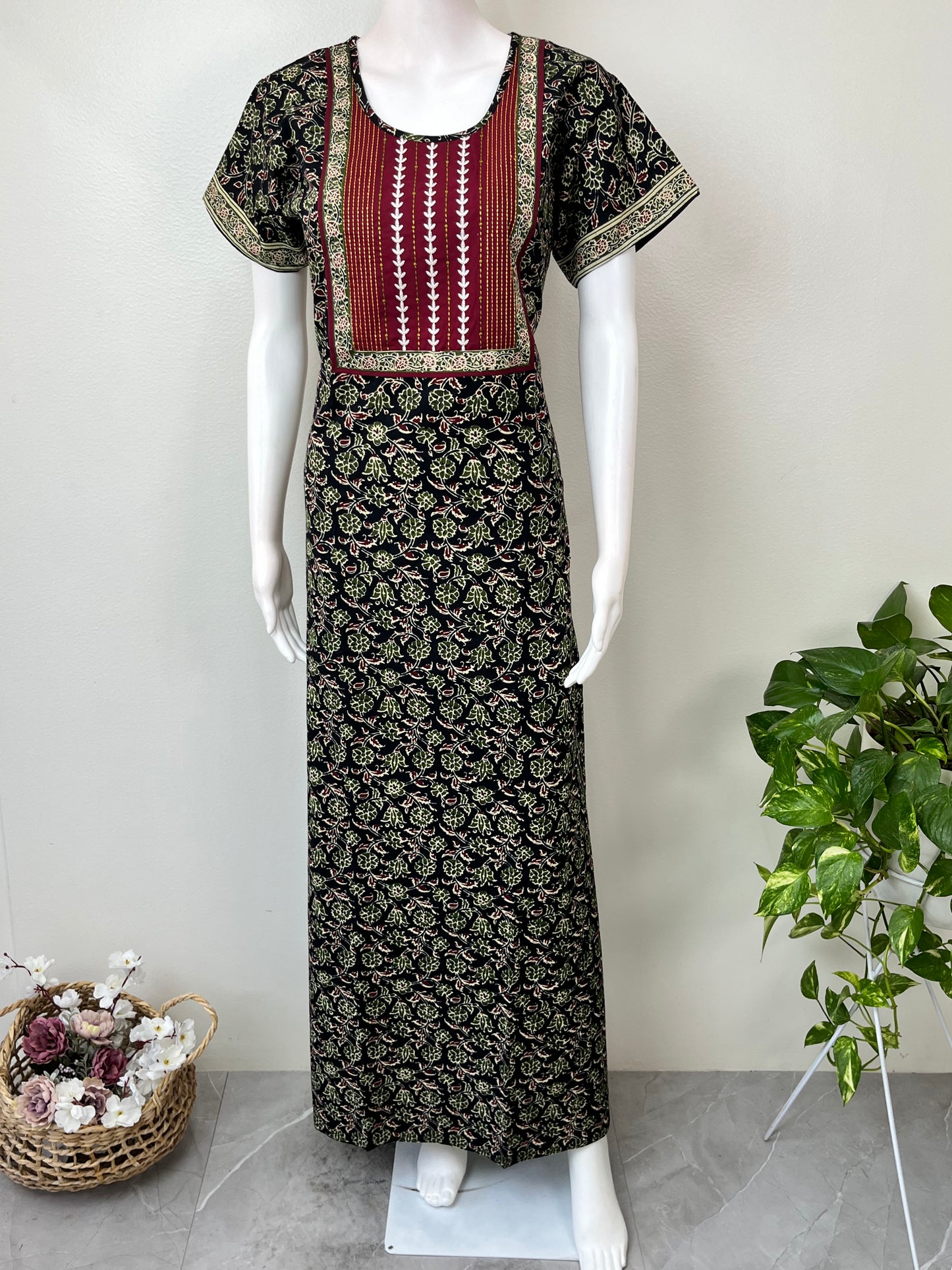 Black Pure Cotton Embroidered Nighty for Women